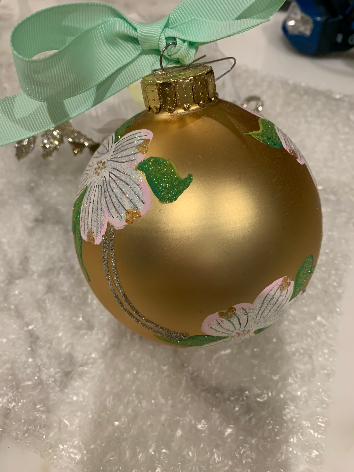 Hand Painted Glass Christmas 31/2" Balls - Dogwood
