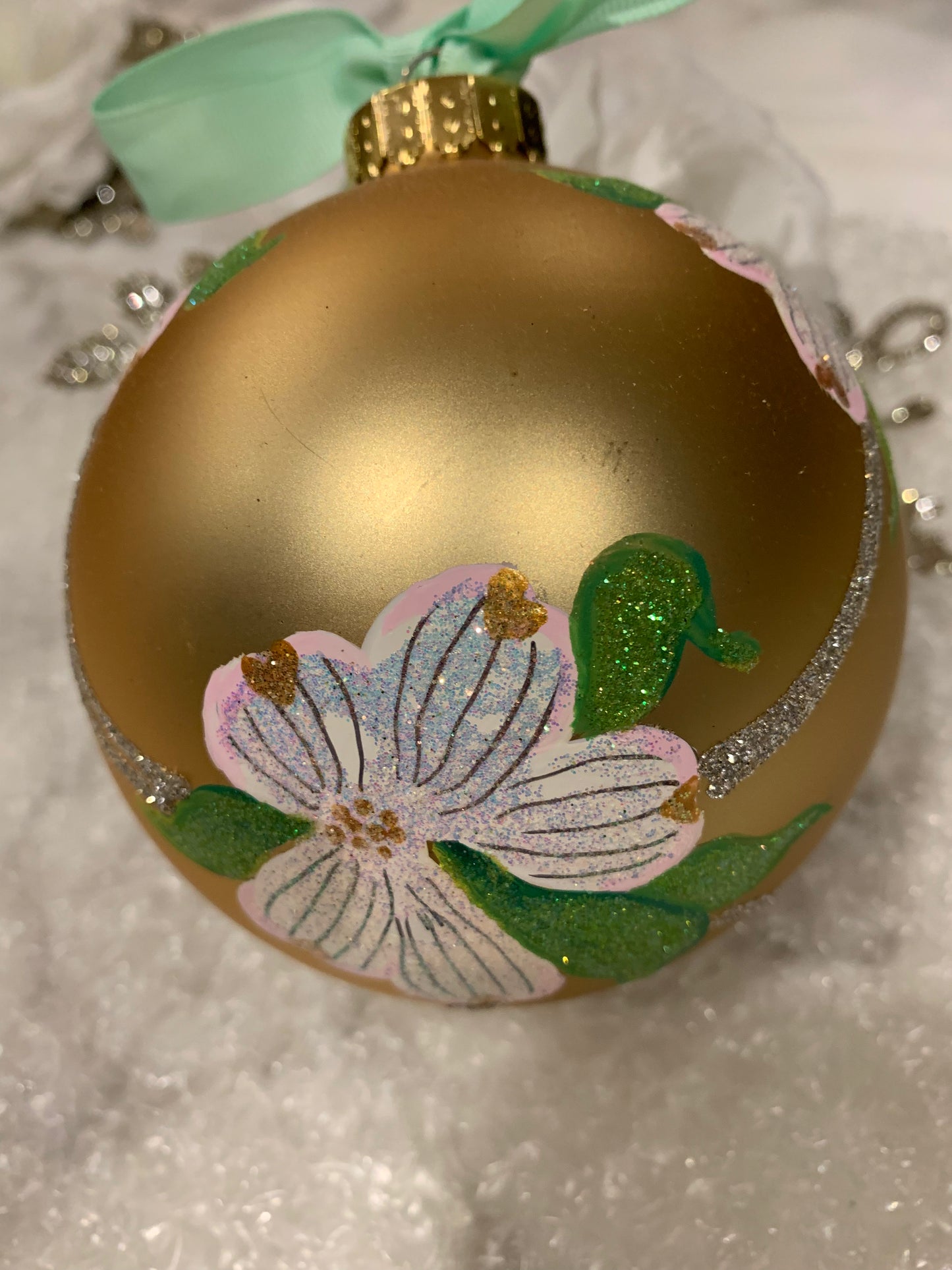 Hand Painted Glass Christmas 31/2" Balls - Dogwood