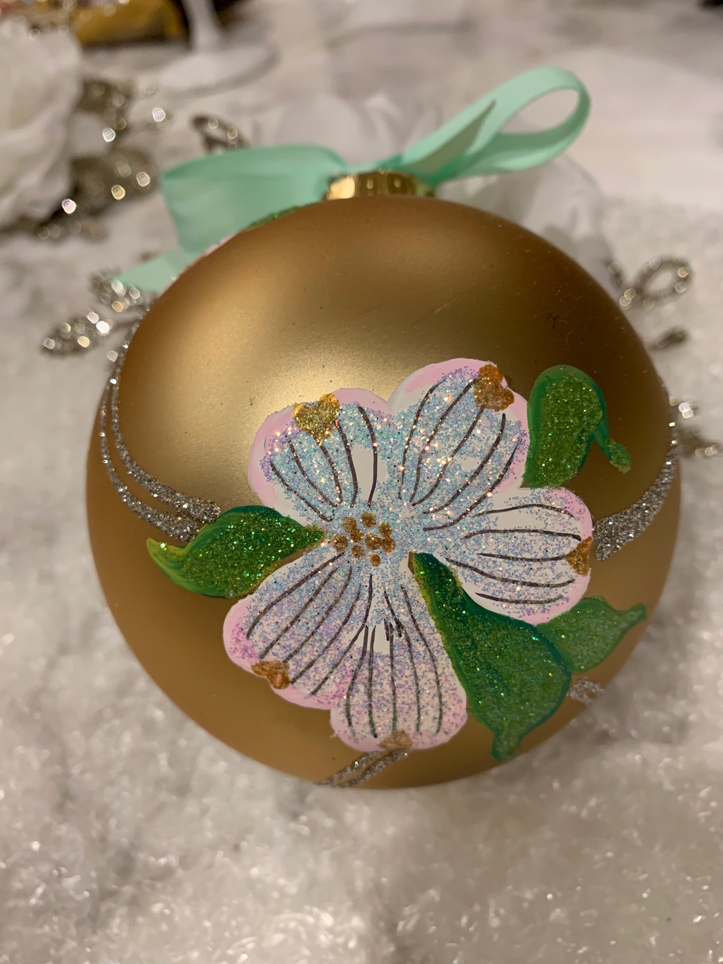 Hand Painted Glass Christmas 31/2" Balls - Dogwood