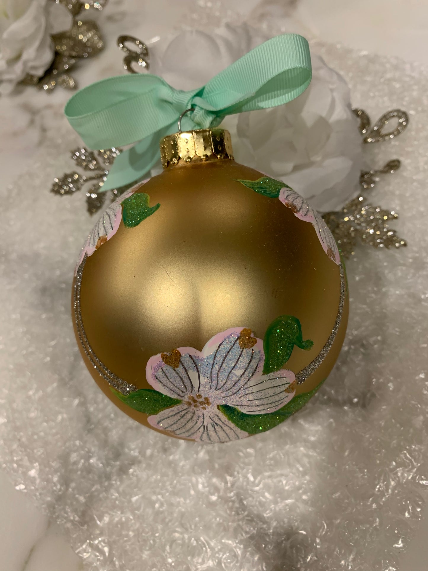 Hand Painted Glass Christmas 31/2" Balls - Dogwood