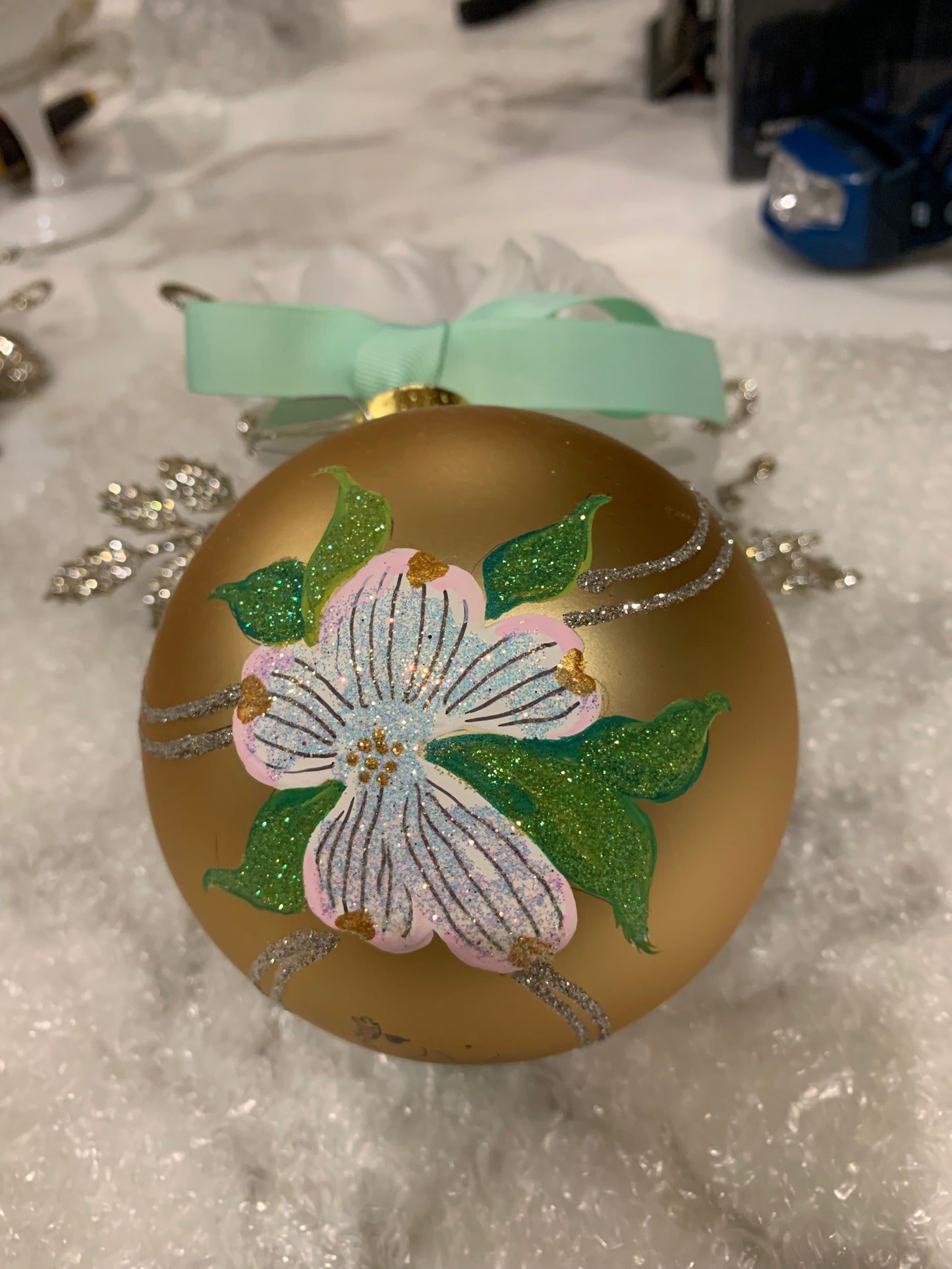 Hand Painted Glass Christmas 31/2" Balls - Dogwood
