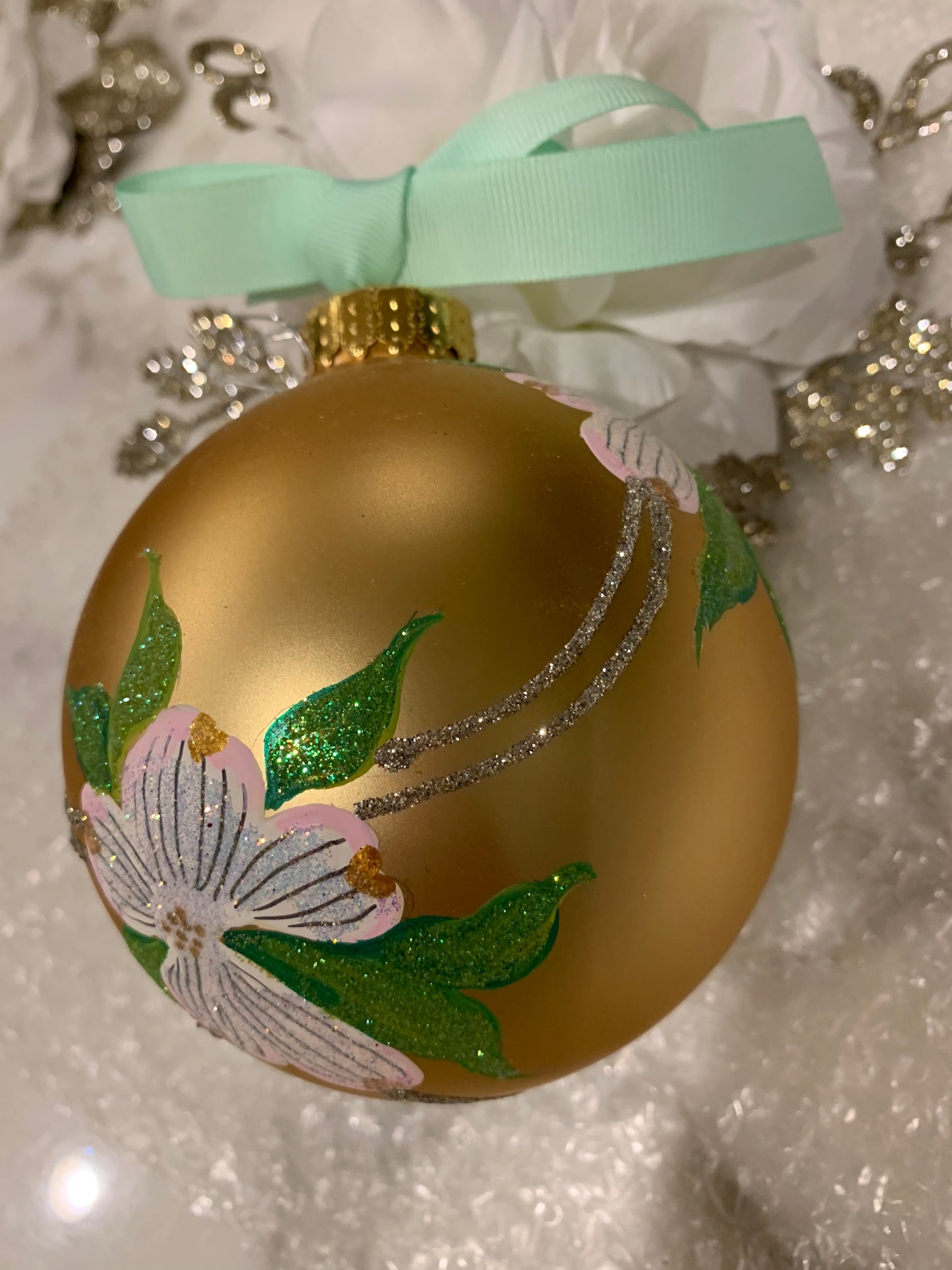 Hand Painted Glass Christmas 31/2" Balls - Dogwood