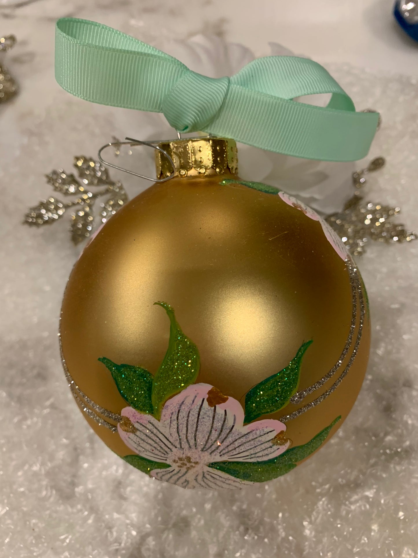 Hand Painted Glass Christmas 31/2" Balls - Dogwood