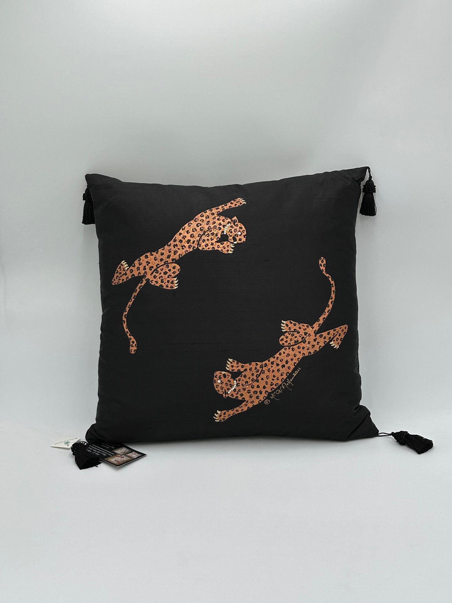 Hand Painted Black Dupioni Silk Pillow with Leopards
