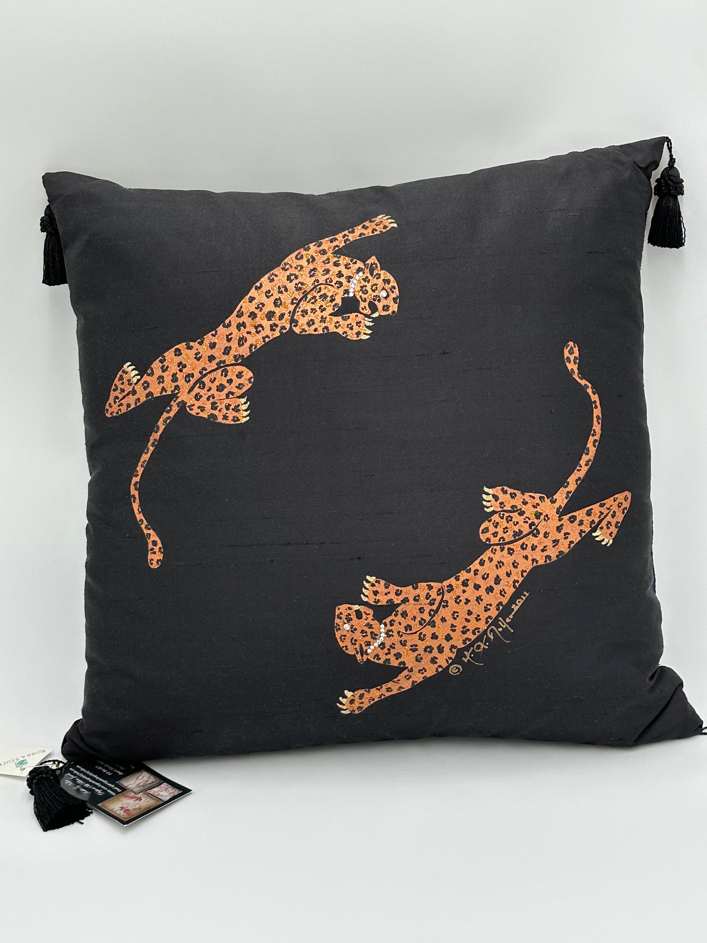 Hand Painted Black Dupioni Silk Pillow with Leopards