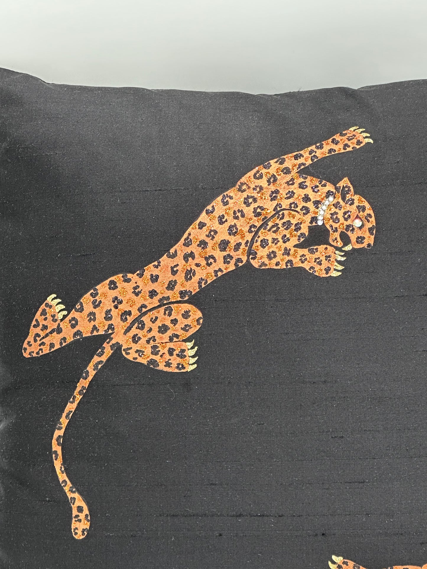 Hand Painted Black Dupioni Silk Pillow with Leopards