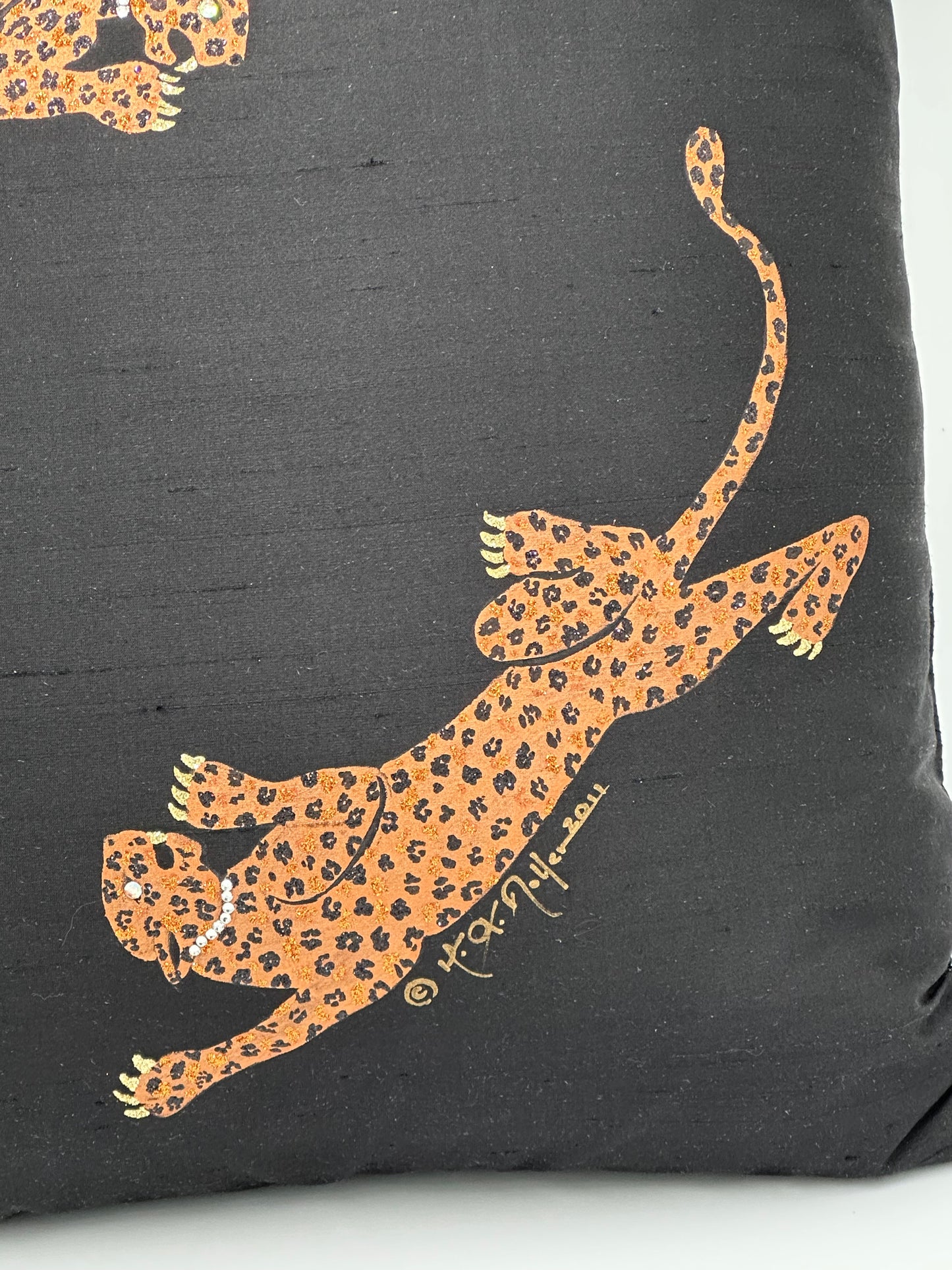 Hand Painted Black Dupioni Silk Pillow with Leopards