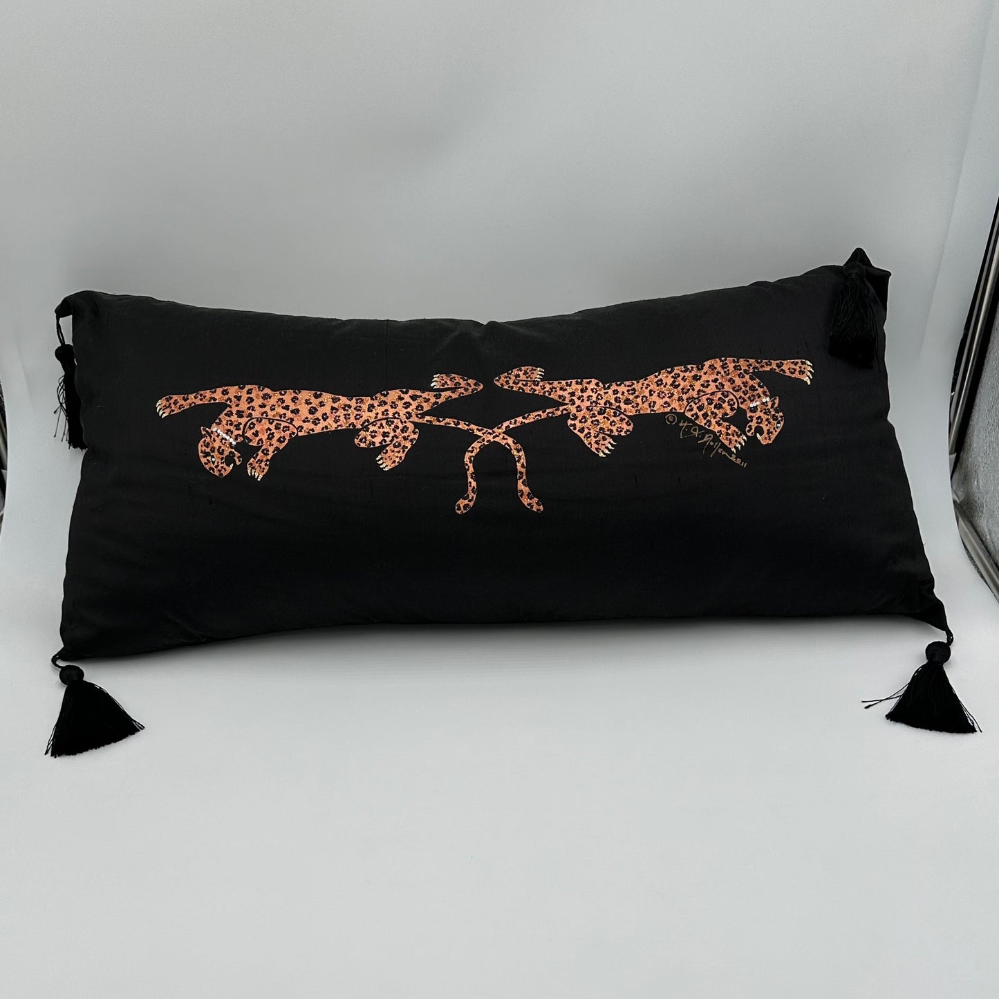 Hand Painted Black Dupioni Silk Lumbar Pillow with Leopards