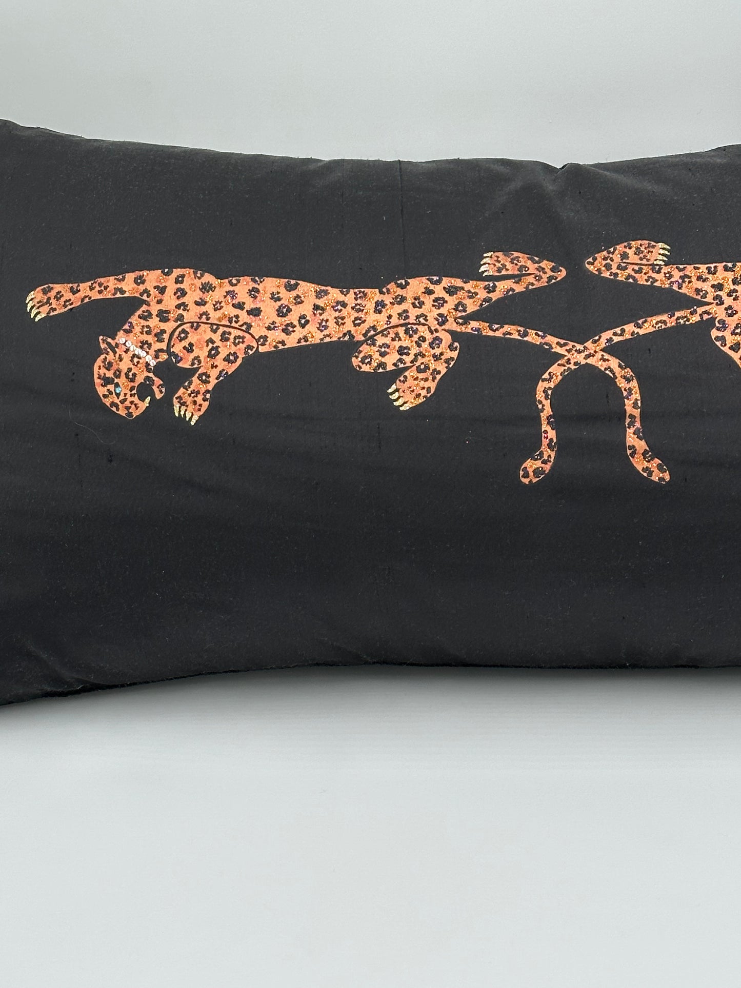 Hand Painted Black Dupioni Silk Lumbar Pillow with Leopards