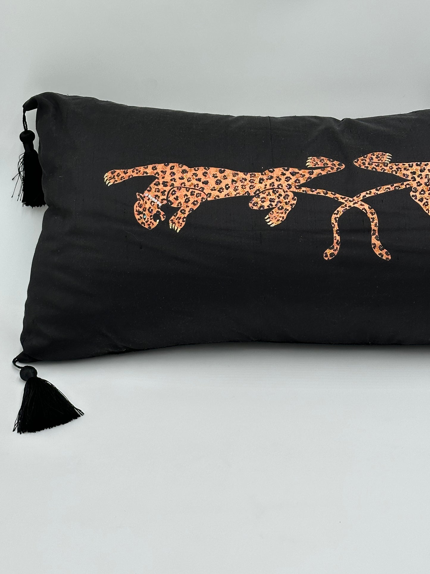 Hand Painted Black Dupioni Silk Lumbar Pillow with Leopards