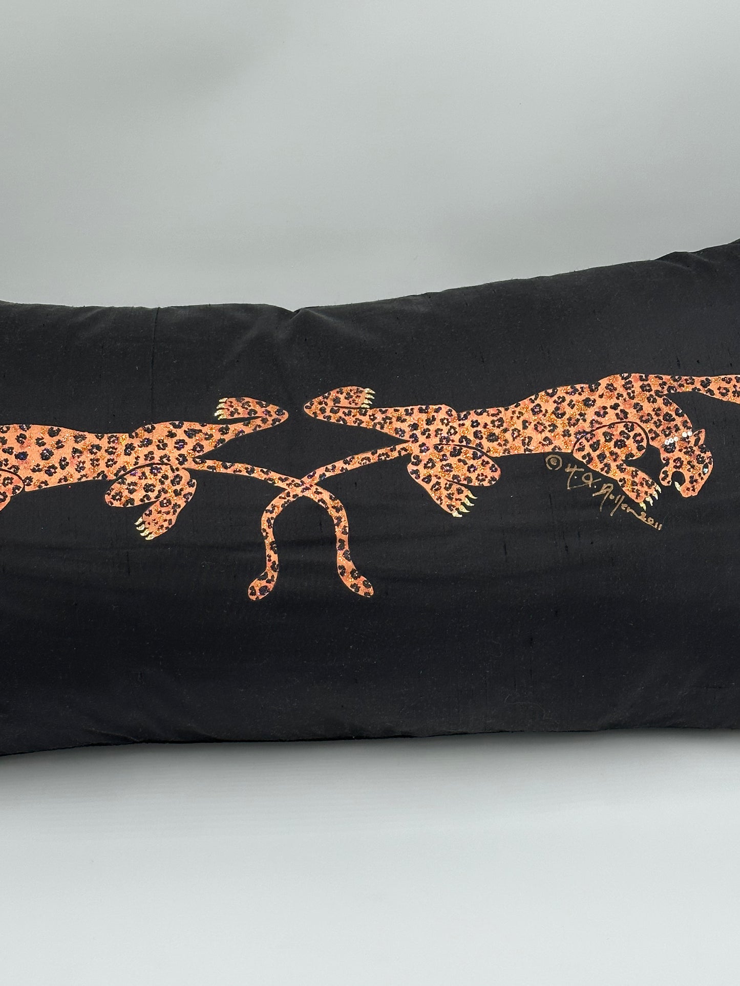 Hand Painted Black Dupioni Silk Lumbar Pillow with Leopards