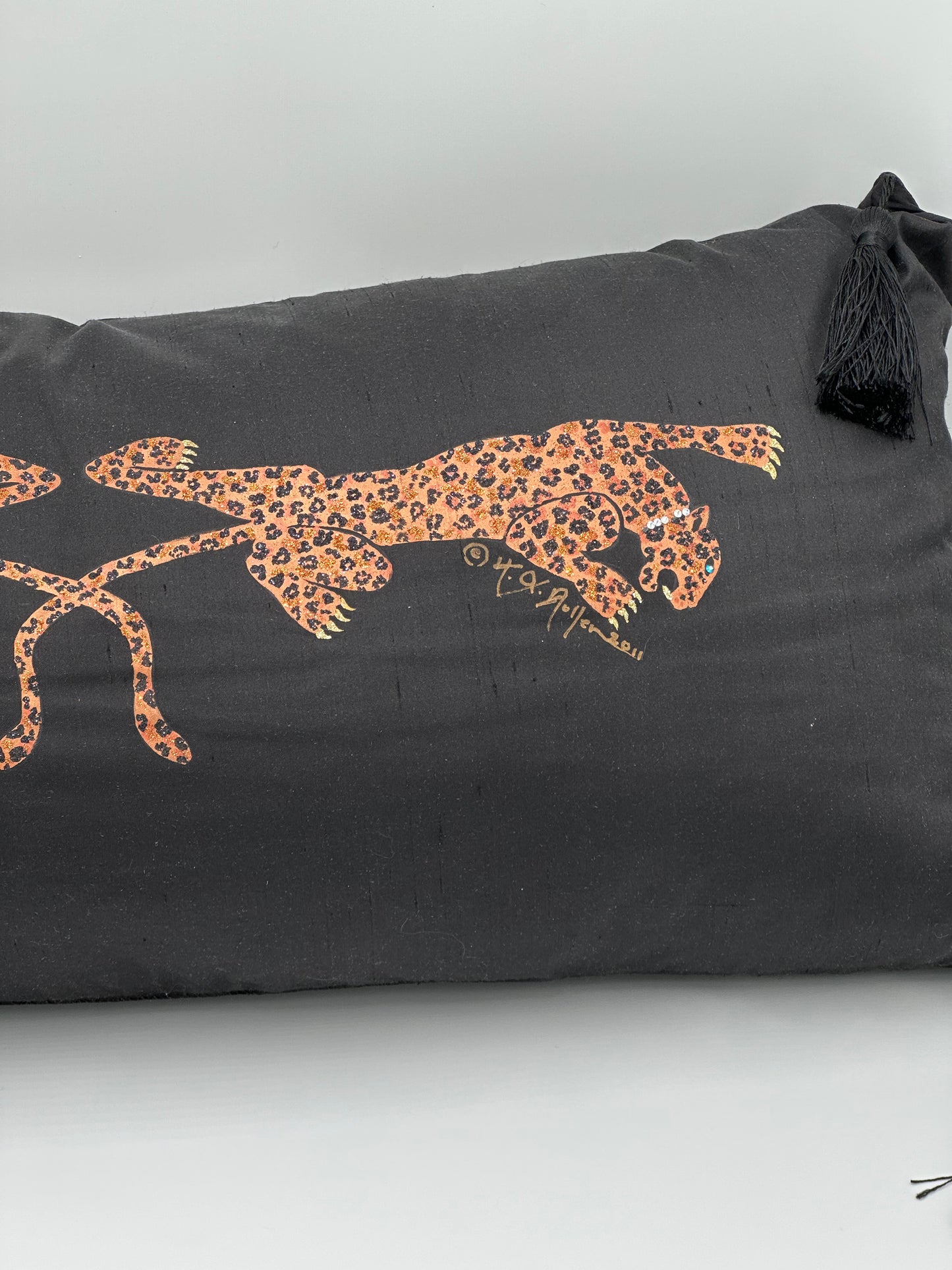 Hand Painted Black Dupioni Silk Lumbar Pillow with Leopards