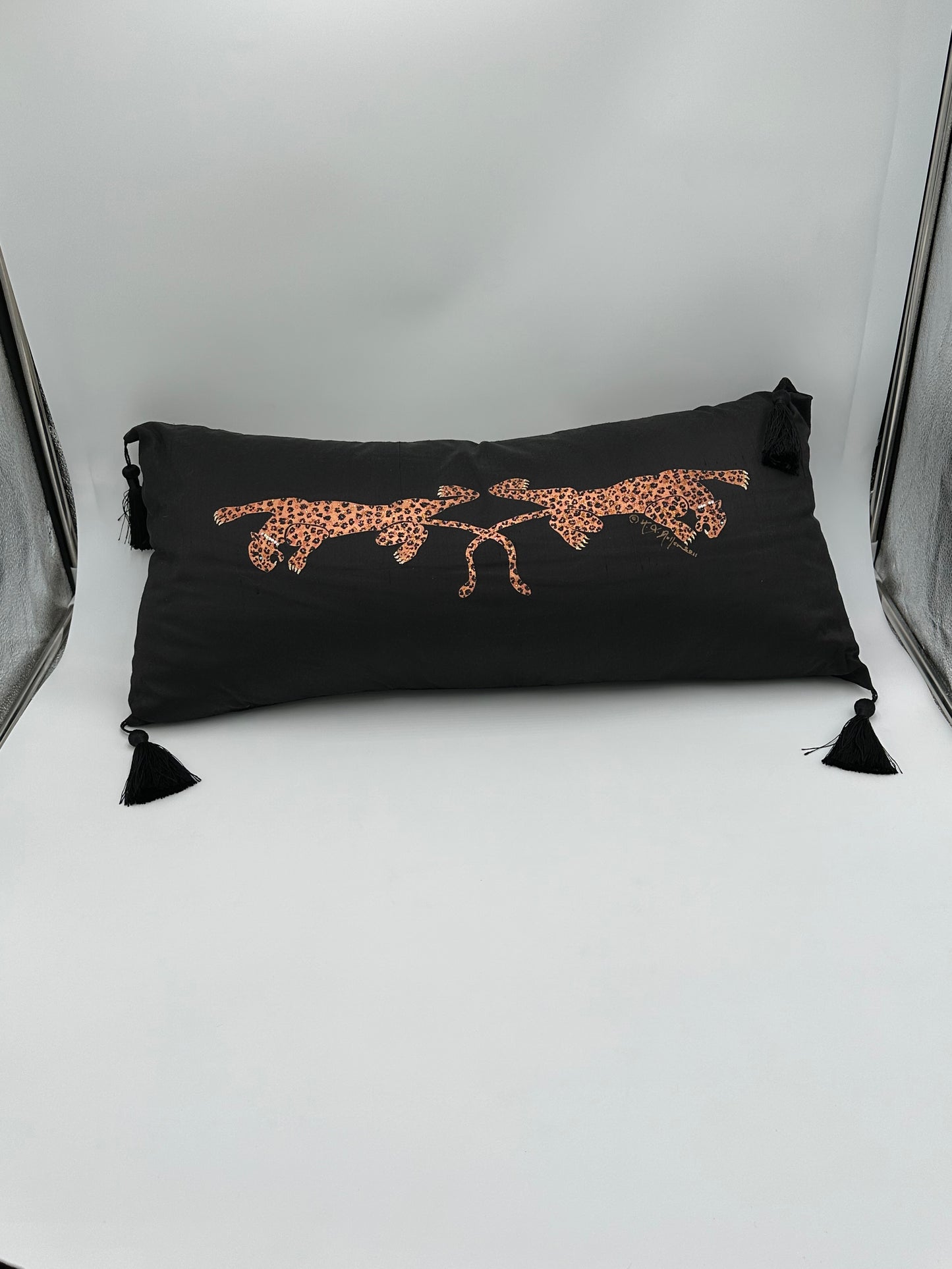 Hand Painted Black Dupioni Silk Lumbar Pillow with Leopards