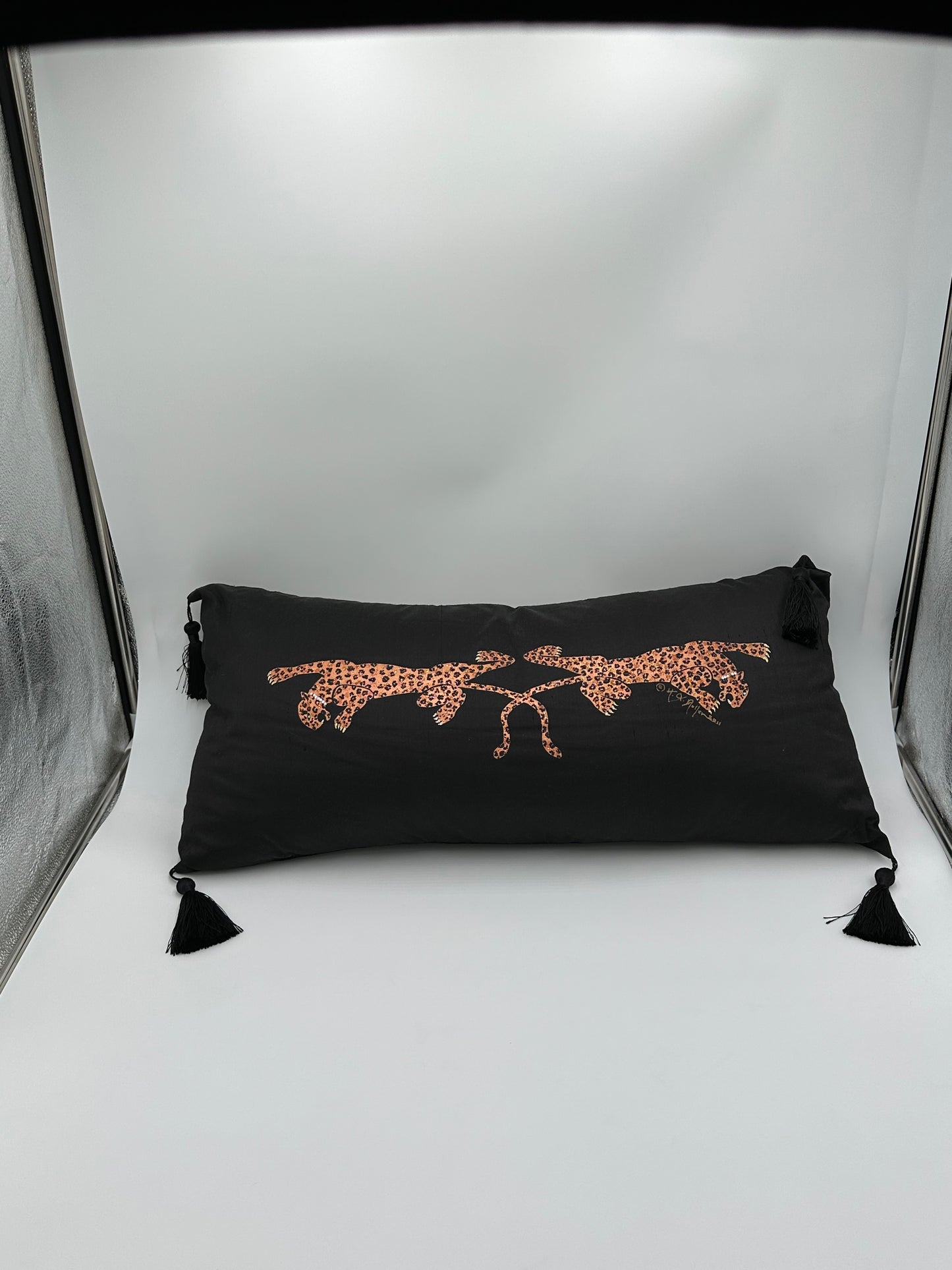 Hand Painted Black Dupioni Silk Lumbar Pillow with Leopards