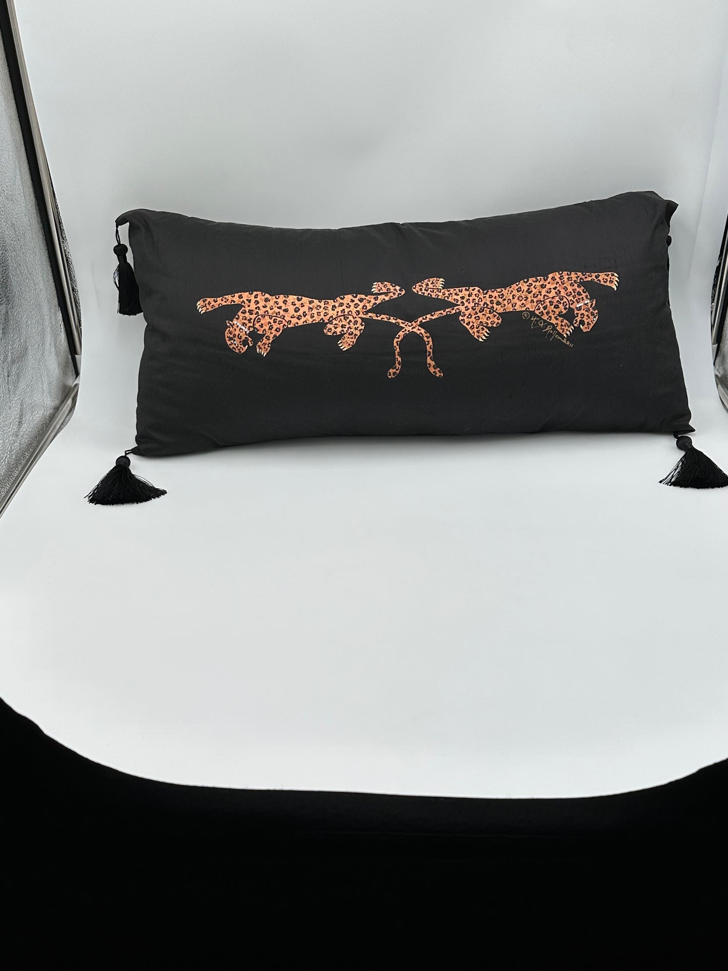 Hand Painted Black Dupioni Silk Lumbar Pillow with Leopards