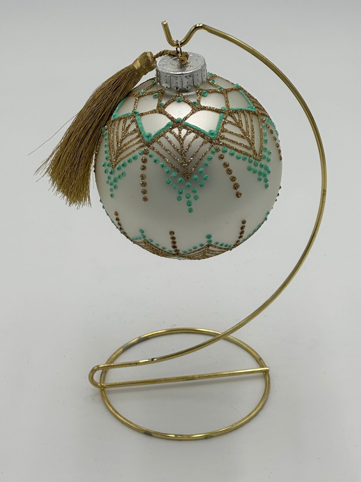 Hand Painted Glass Christmas 3 1/2" Ball - Turquoise and Gold Design
