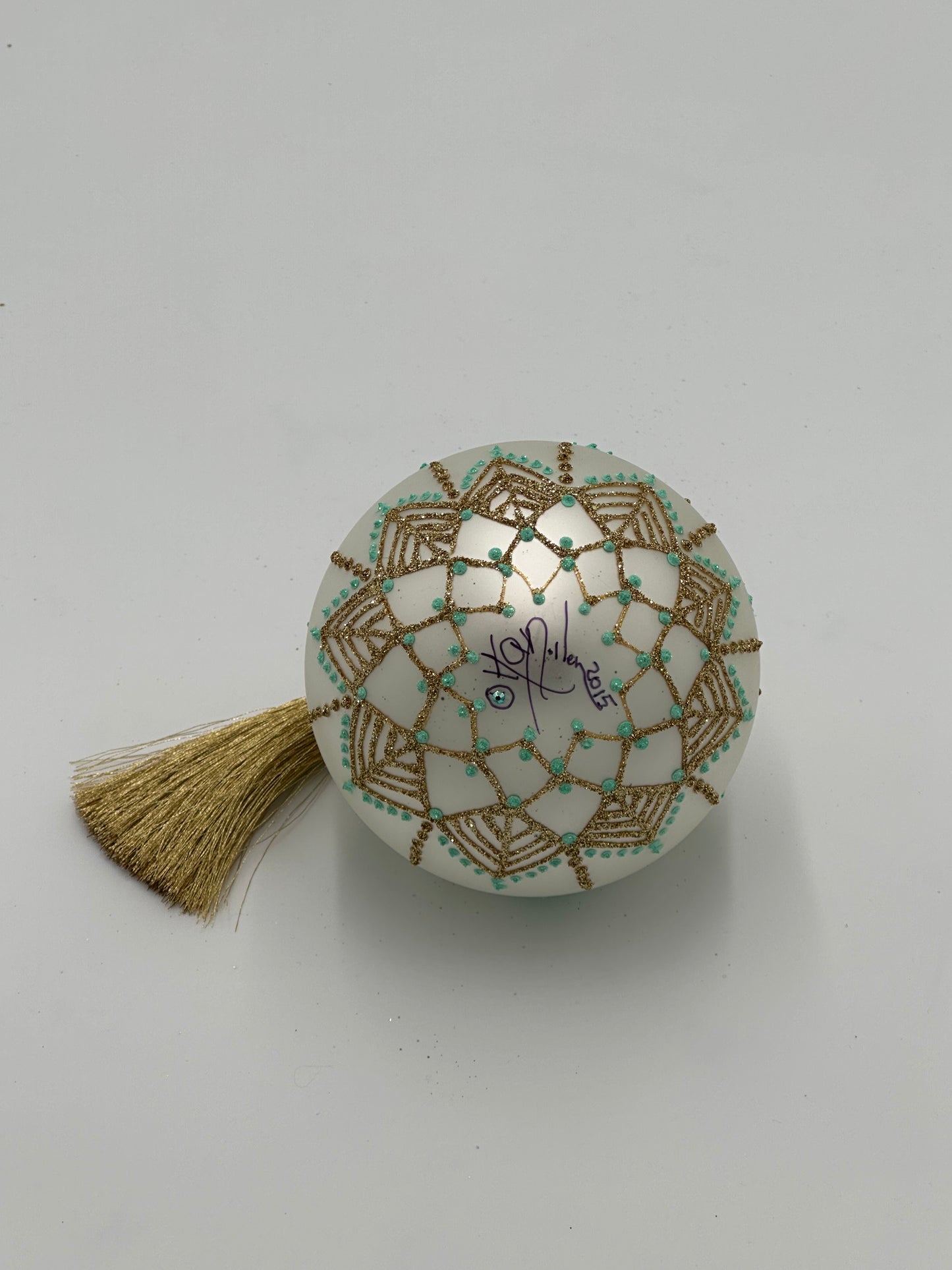 Hand Painted Glass Christmas 3 1/2" Ball - Turquoise and Gold Design
