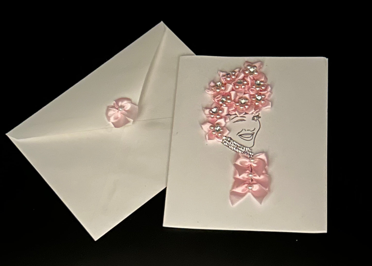 Hand Painted Greeting Card - "Fancy Lady with Pink Flowers & Bows"