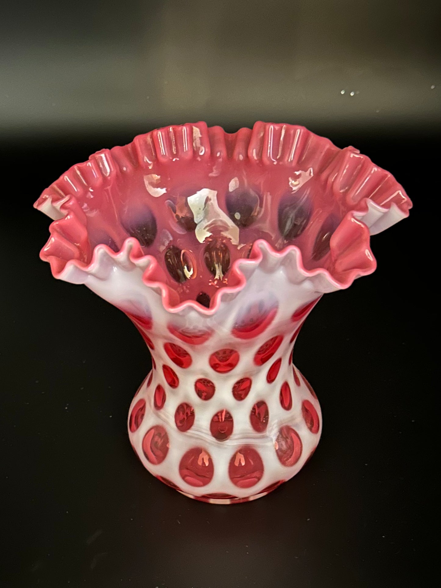Vintage Fenton Art Glass Coin Dot ruffled cut Cranberry Vase