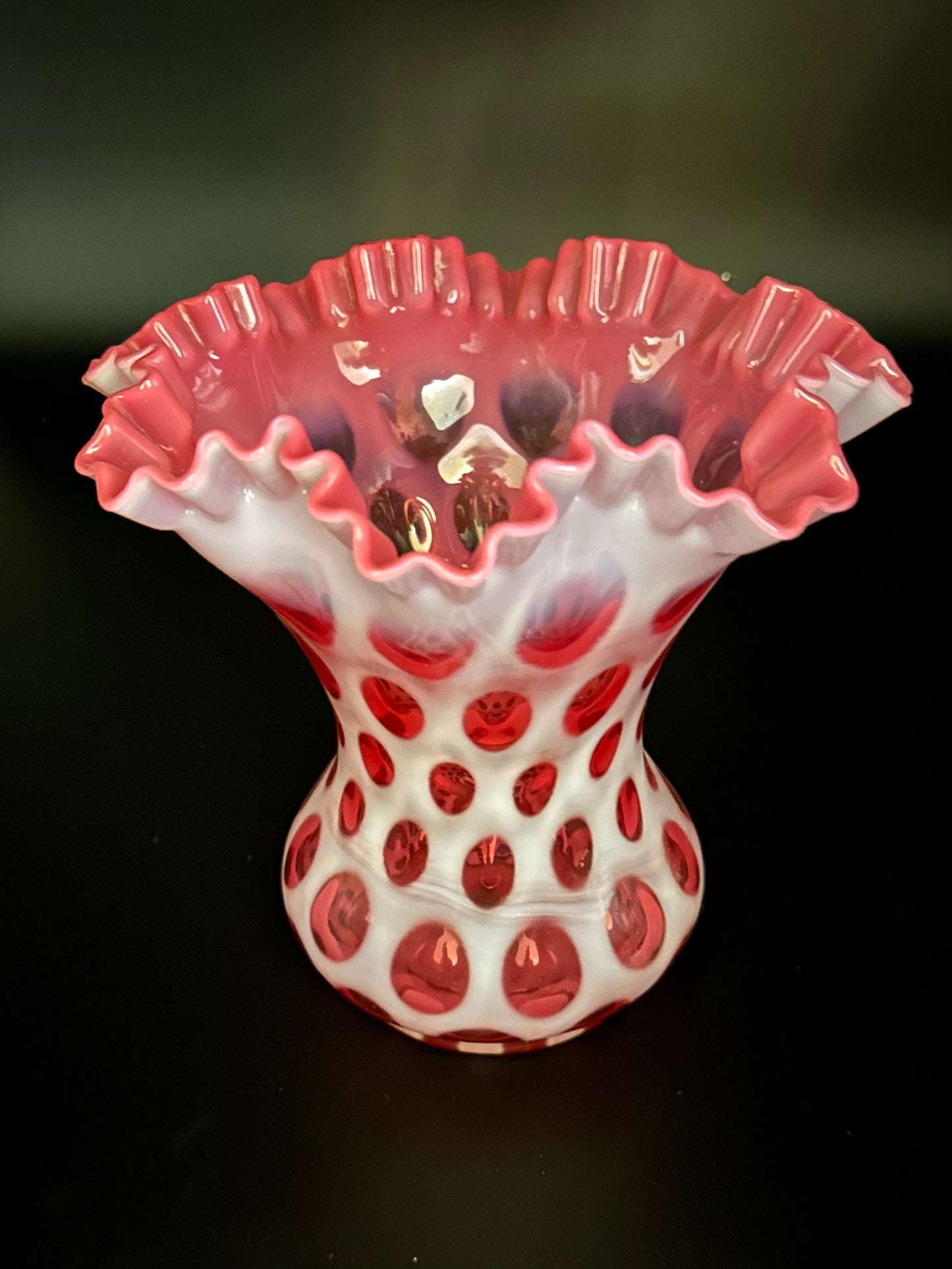 Vintage Fenton Art Glass Coin Dot ruffled cut Cranberry Vase
