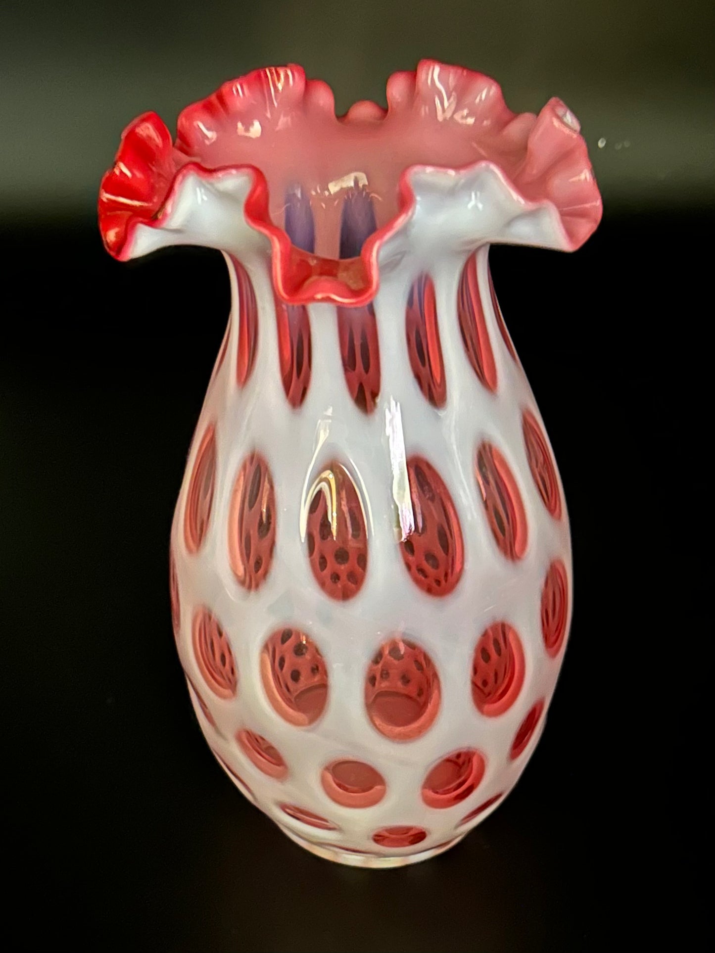 Fenton Art Glass Coin Dot Spot ruffled cut Cranberry Opalescent Vase -tall