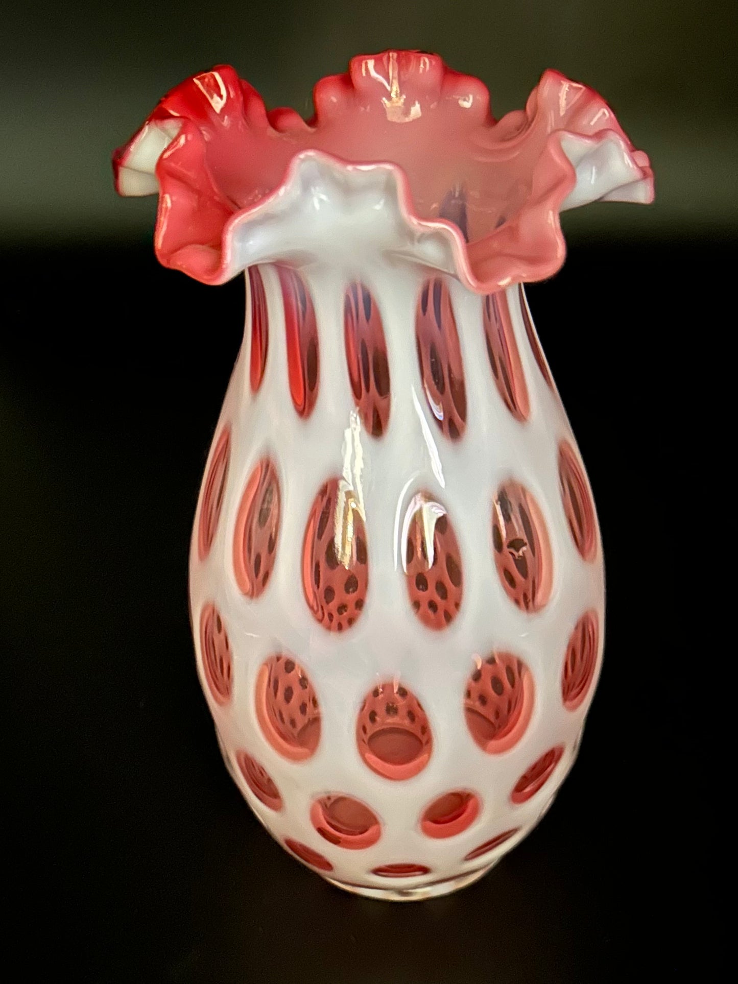 Fenton Art Glass Coin Dot Spot ruffled cut Cranberry Opalescent Vase -tall