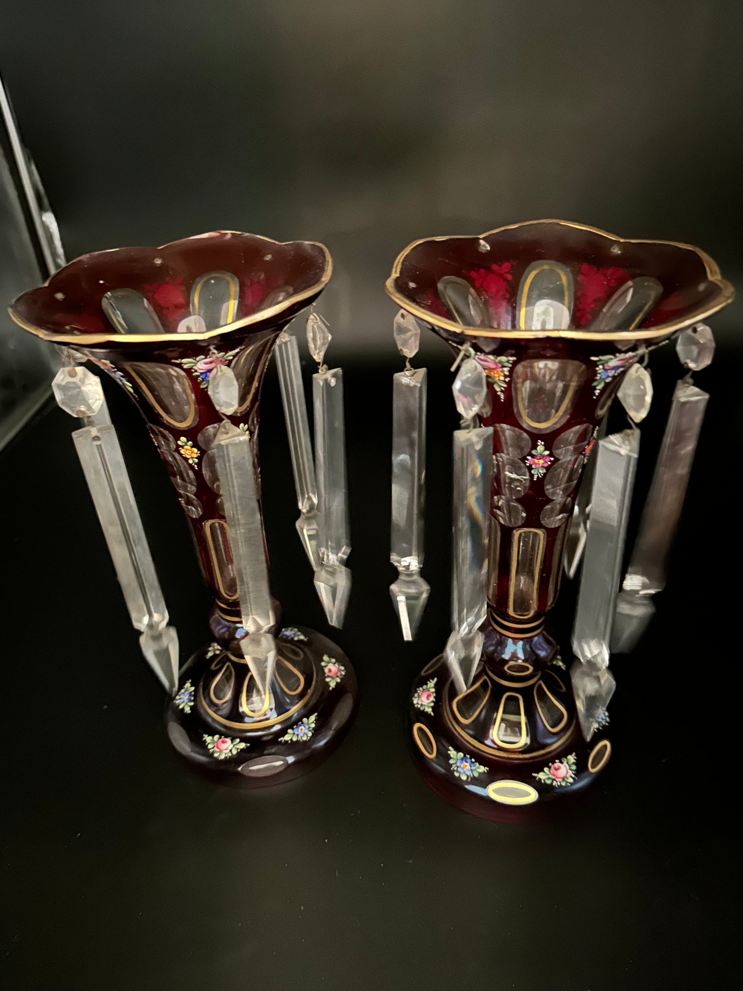 Pair of Antique Bohemian Cut Crystal Cranberry Glass Luster Mantle Vases with Prisms