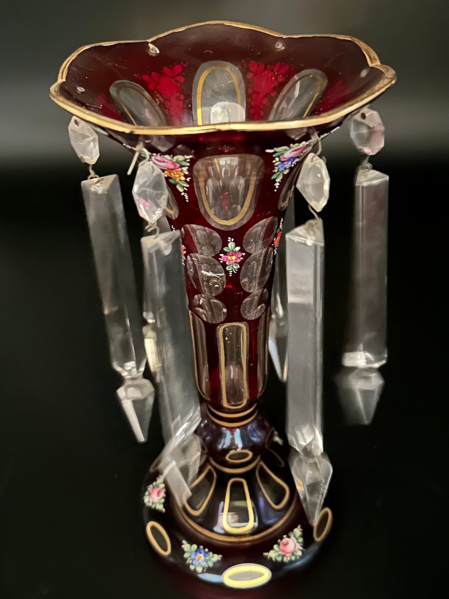 Pair of Antique Bohemian Cut Crystal Cranberry Glass Luster Mantle Vases with Prisms