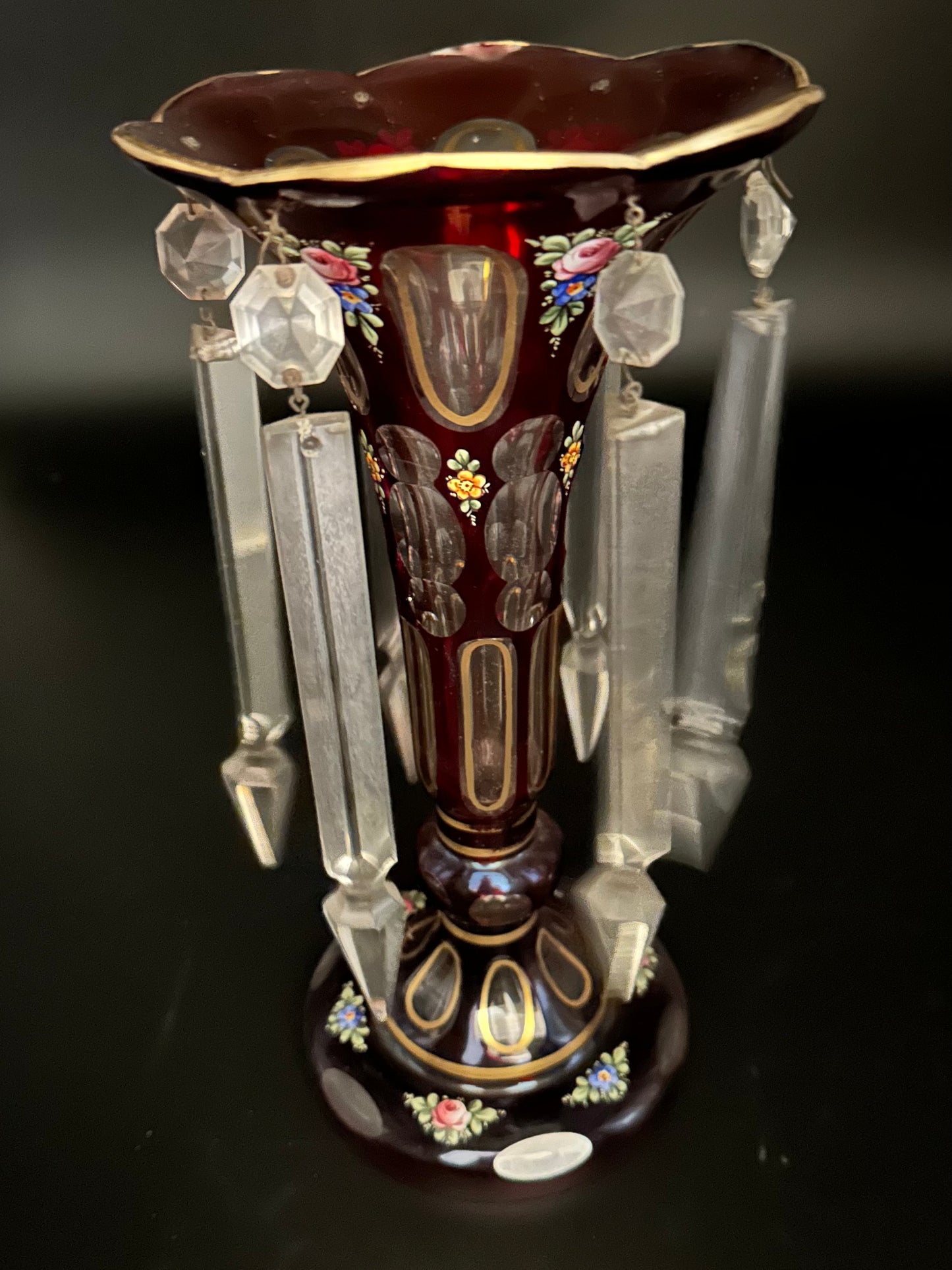 Pair of Antique Bohemian Cut Crystal Cranberry Glass Luster Mantle Vases with Prisms