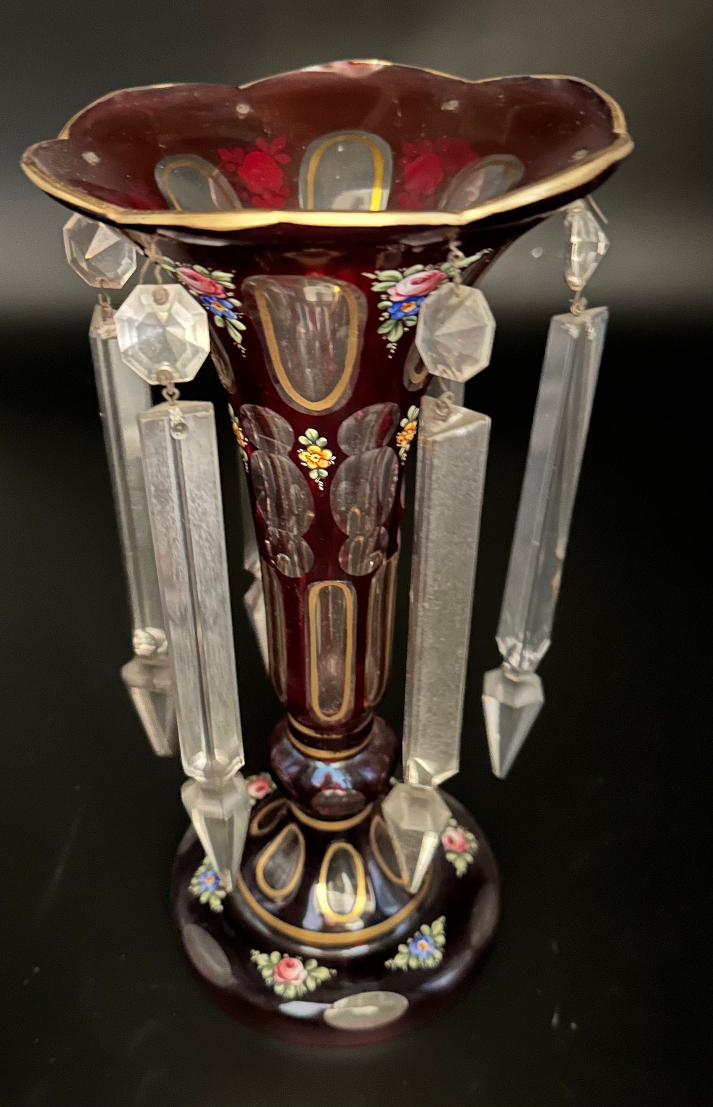 Pair of Antique Bohemian Cut Crystal Cranberry Glass Luster Mantle Vases with Prisms