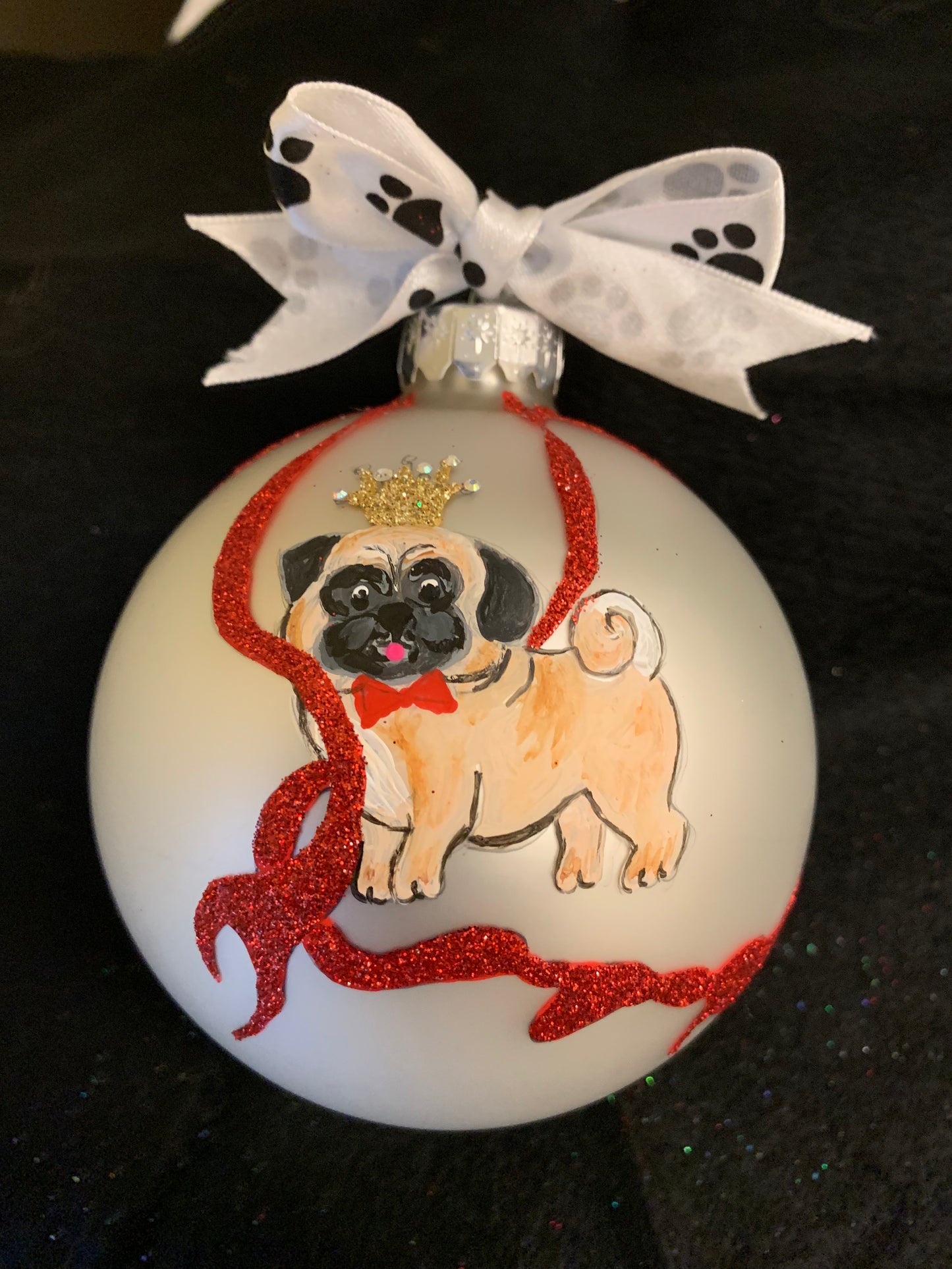 Hand Painted Glass Christmas 3" Balls PUGS with CROWNS Ball