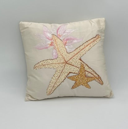 Hand Painted Dupioni Silk Pillow with Star Fish and Pink Plumeria