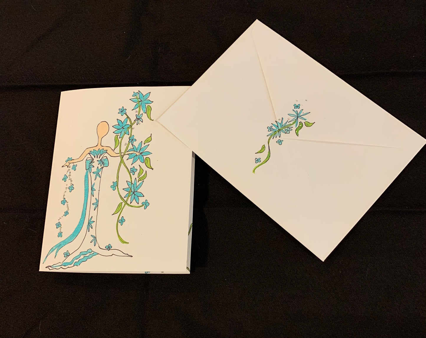 Hand Painted "Lady in Turquoise Flowers" Greeting Card