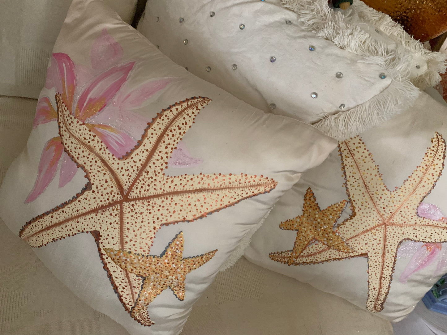 Hand Painted Dupioni Silk Pillow with Star Fish and Pink Plumeria