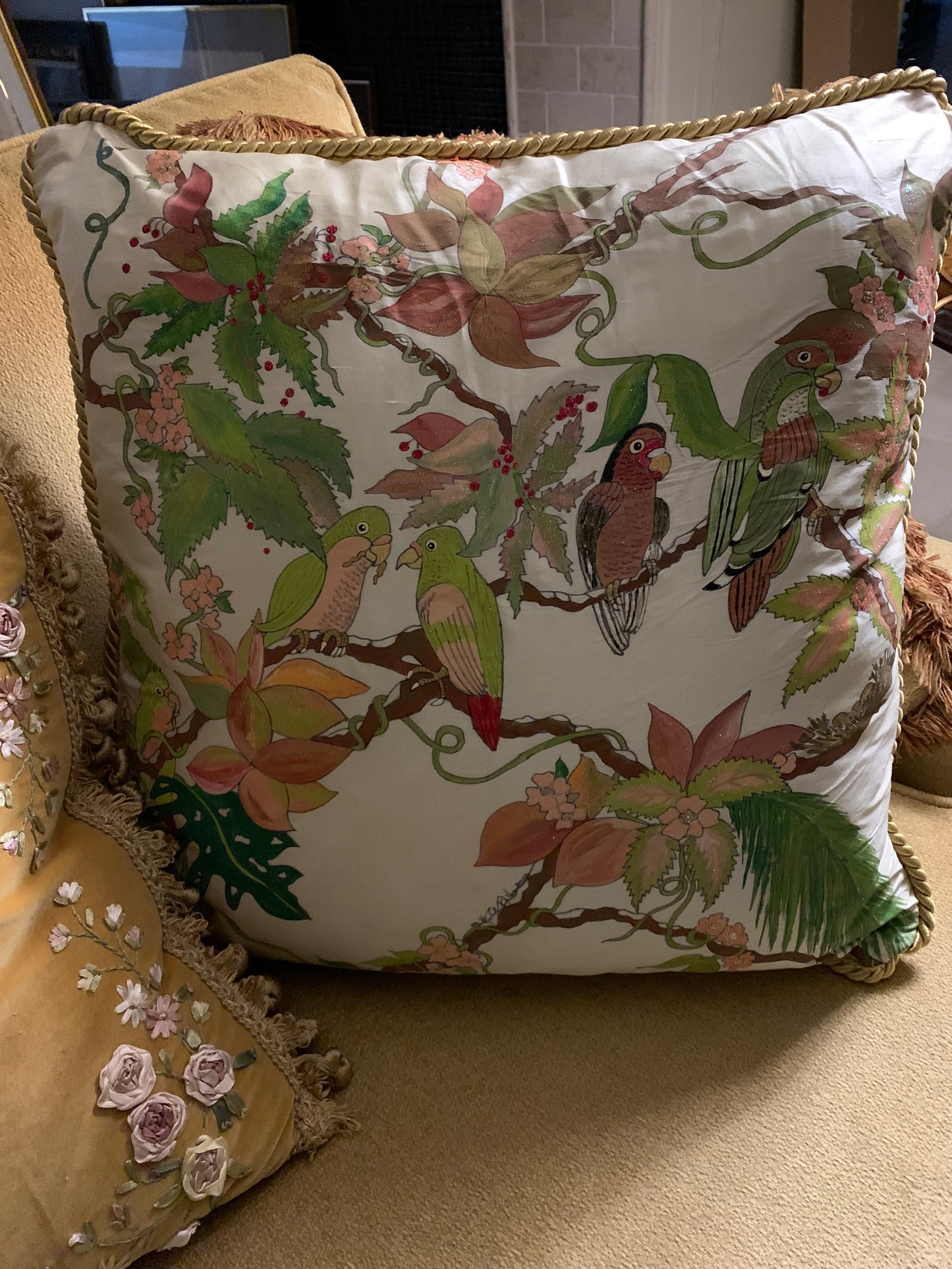 Hand Painted Dupioni Silk Pillow with Birds