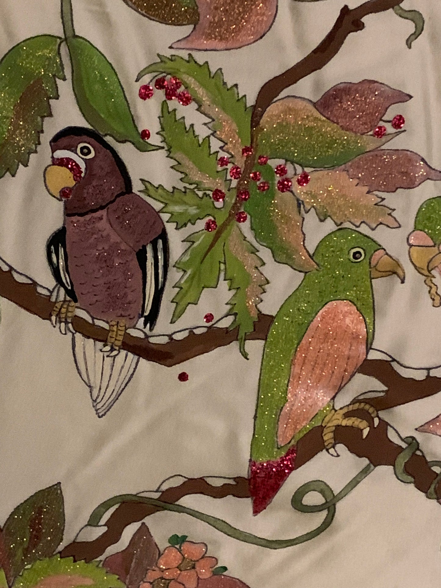 Hand Painted Dupioni Silk Pillow with Birds