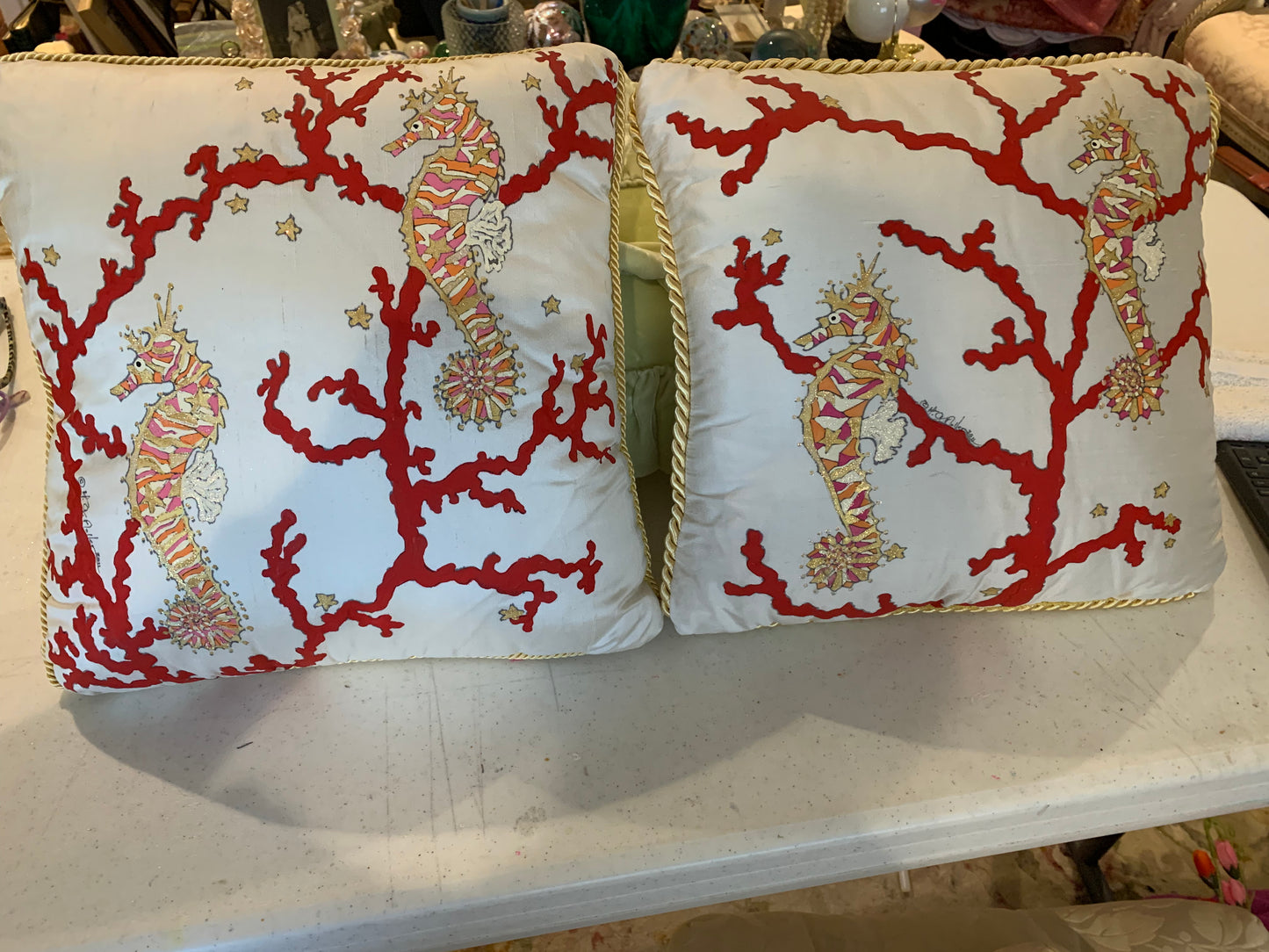 Hand Painted Dupioni Silk Pillow with Seahorses