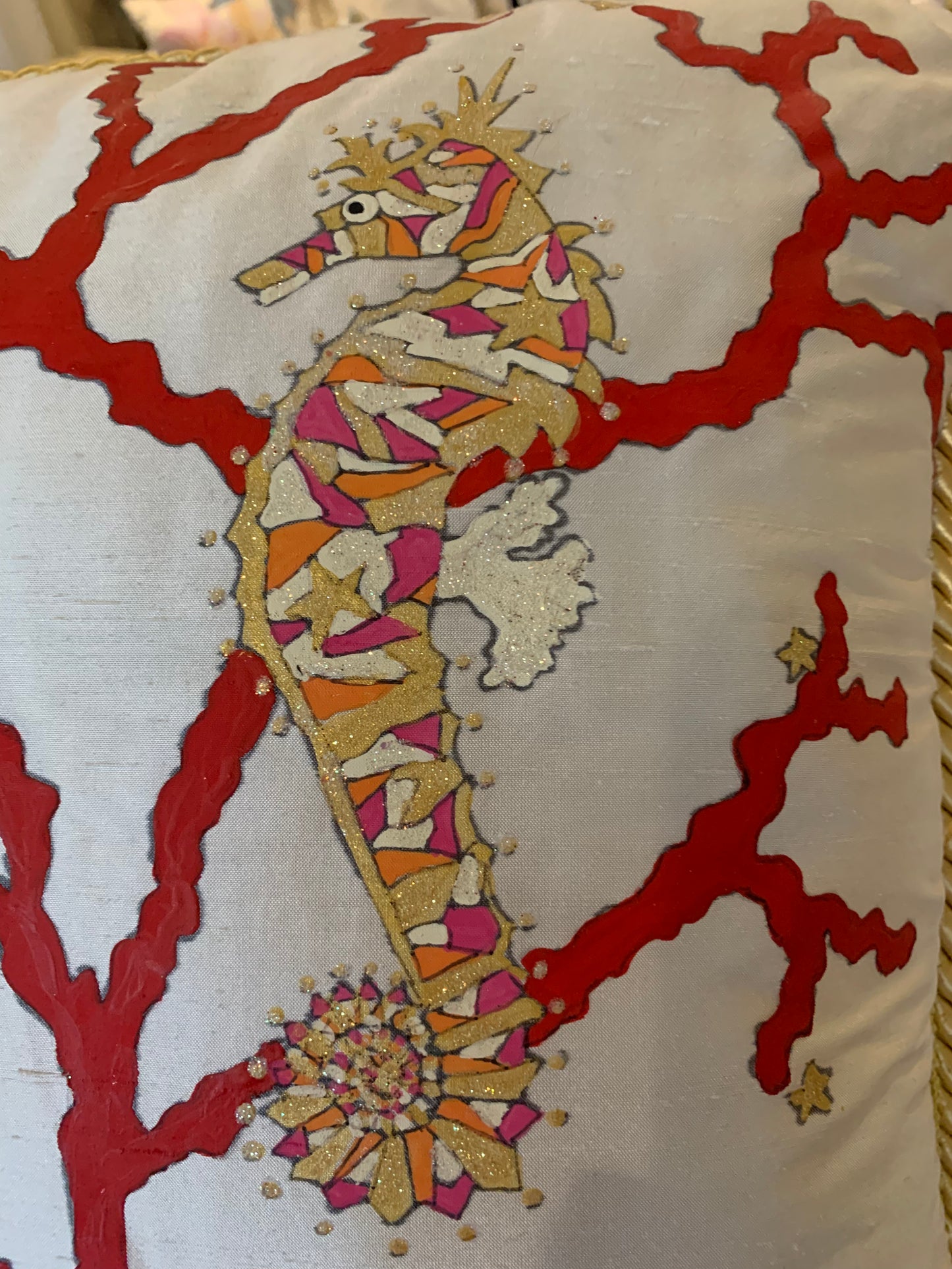 Hand Painted Dupioni Silk Pillow with Seahorses