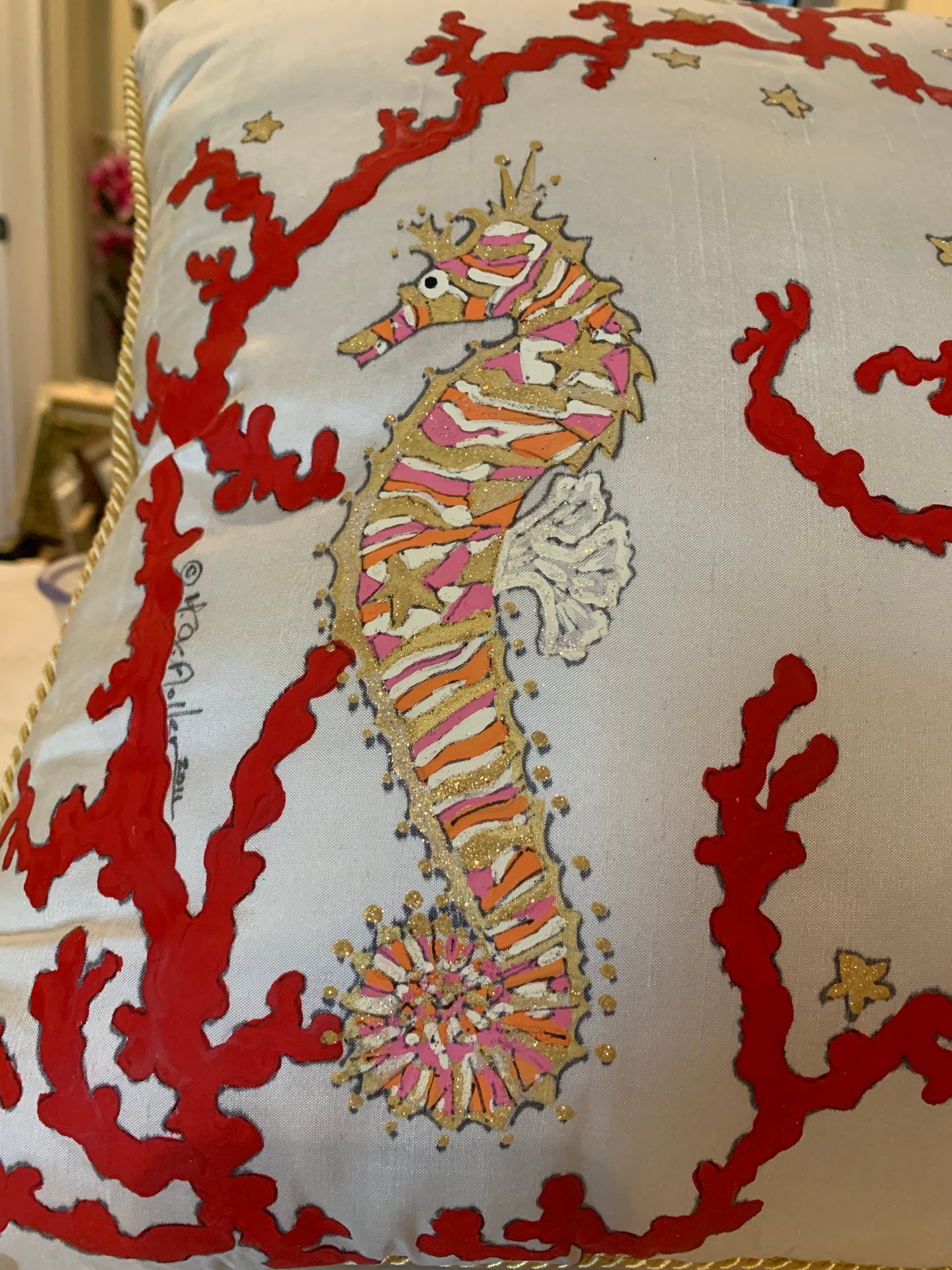 Hand Painted Dupioni Silk Pillow with Seahorses