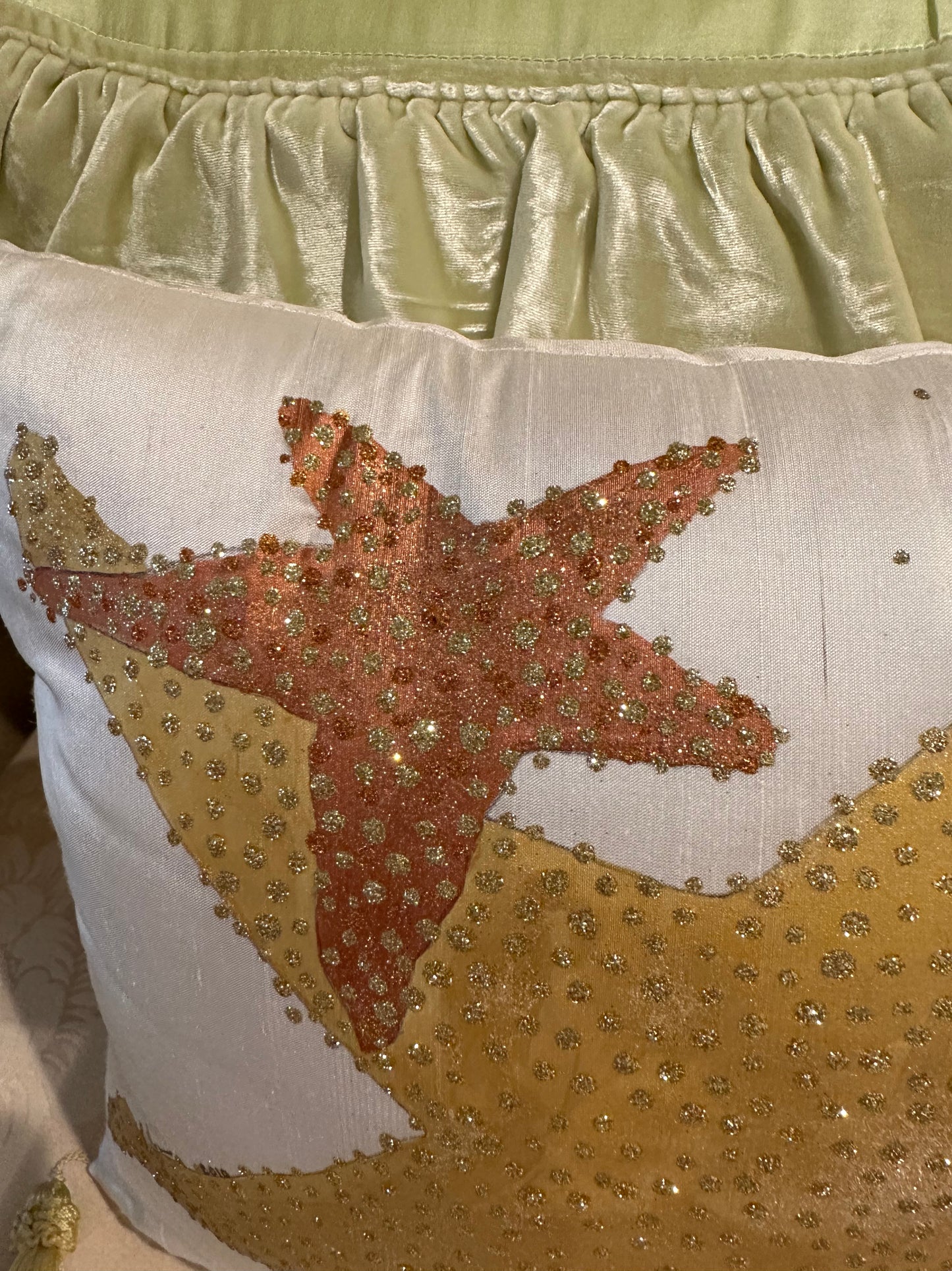 Hand Painted Dupioni Silk Pillow with Star Fish and Pink Plumeria