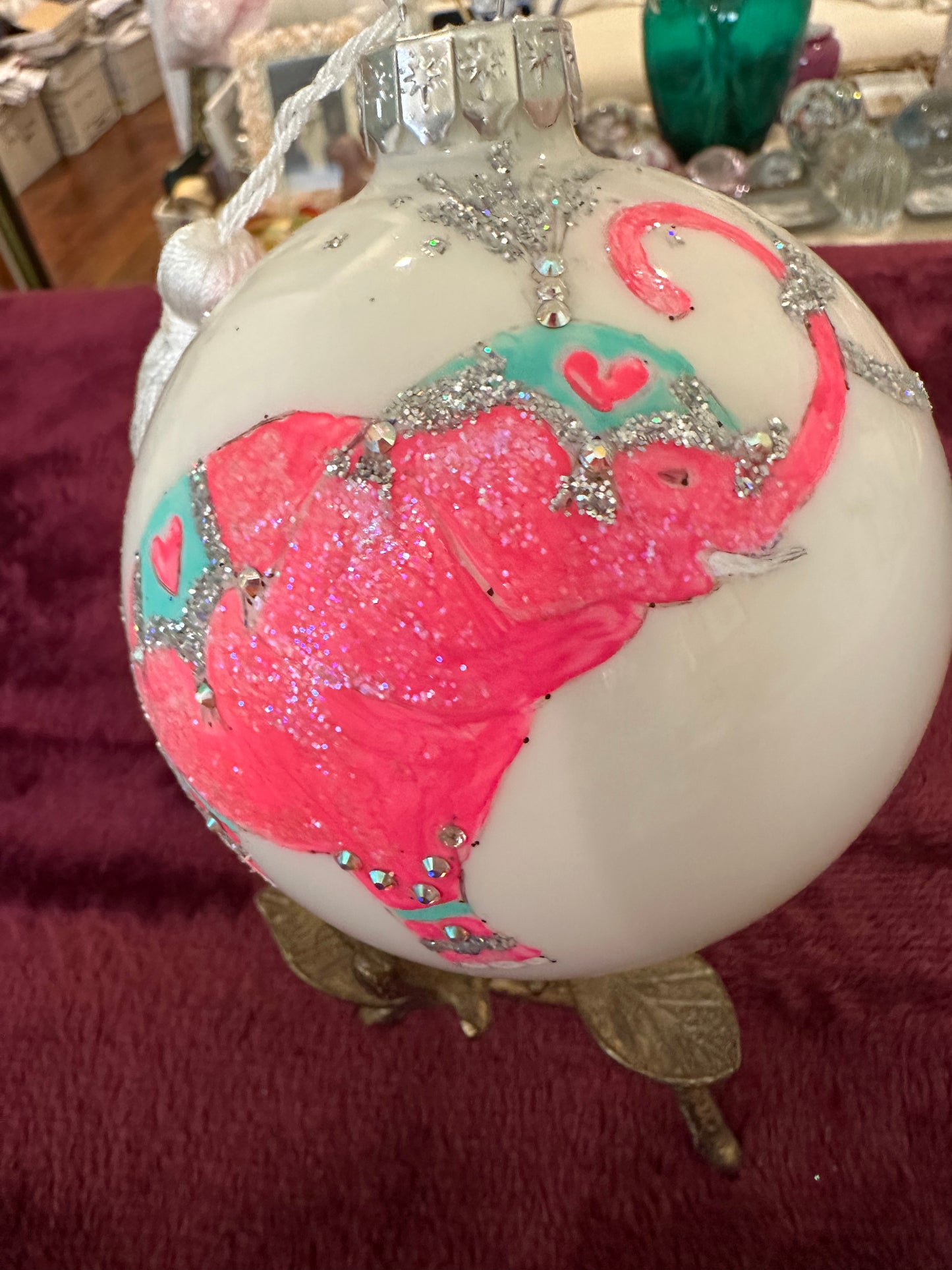 Hand Painted Glass Christmas 3" Balls PINK ELEPHANTS