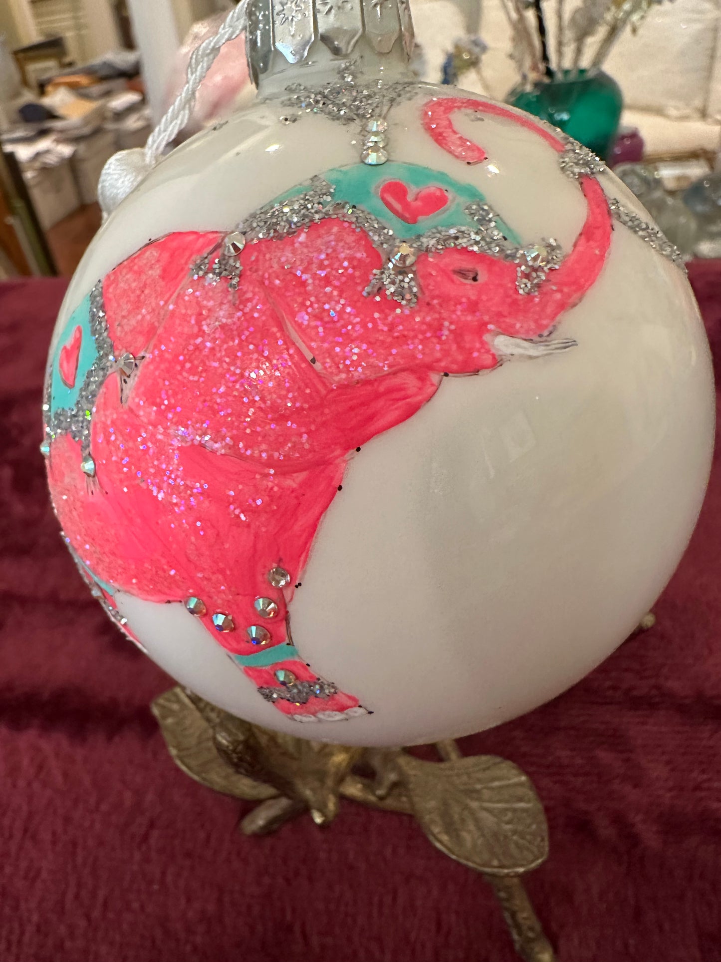 Hand Painted Glass Christmas 3" Balls PINK ELEPHANTS