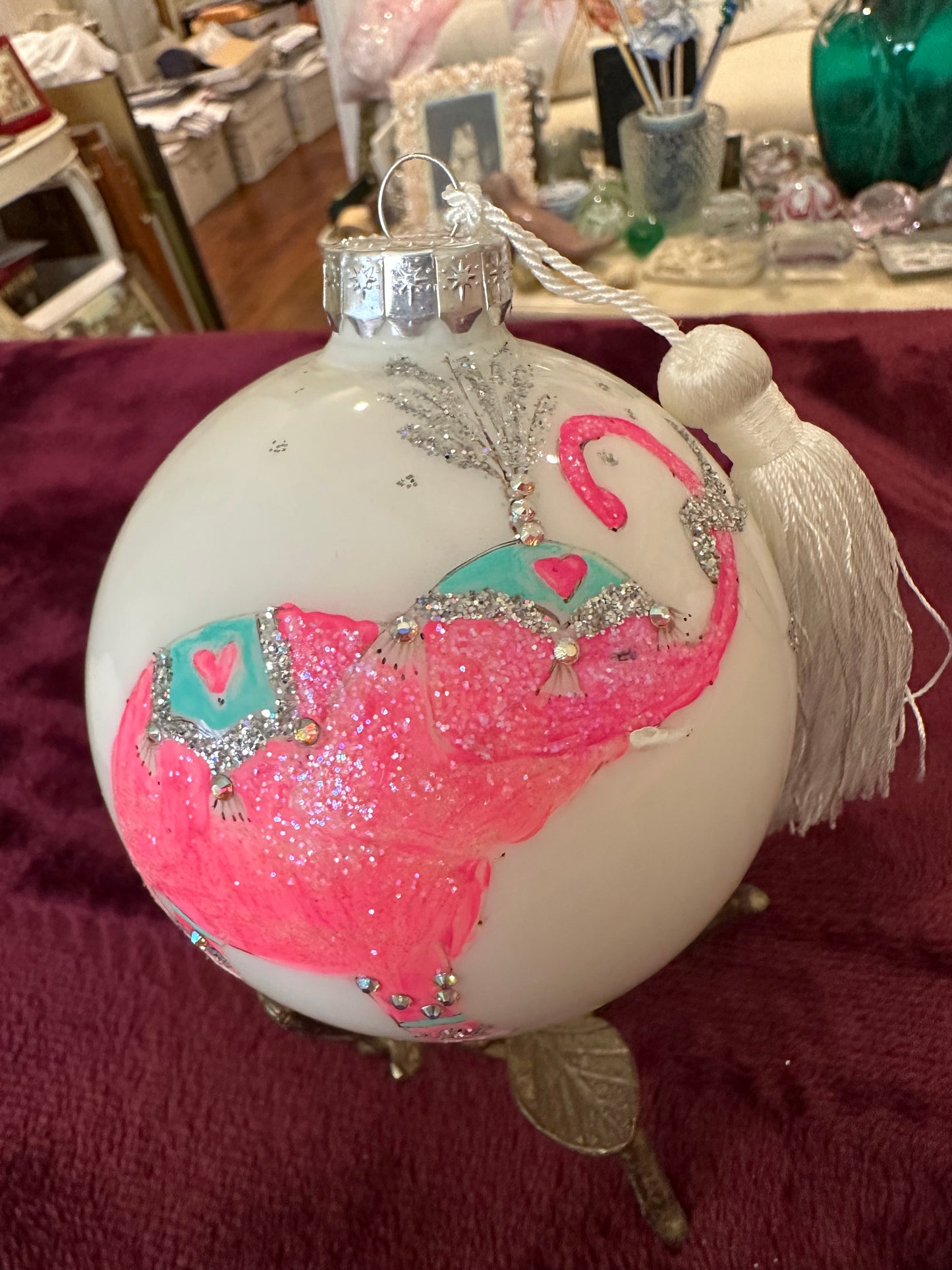 Hand Painted Glass Christmas 3" Balls PINK ELEPHANTS