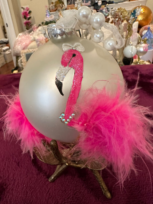 Hand Painted Glass Flamingo Christmas 3 1/2" Balls