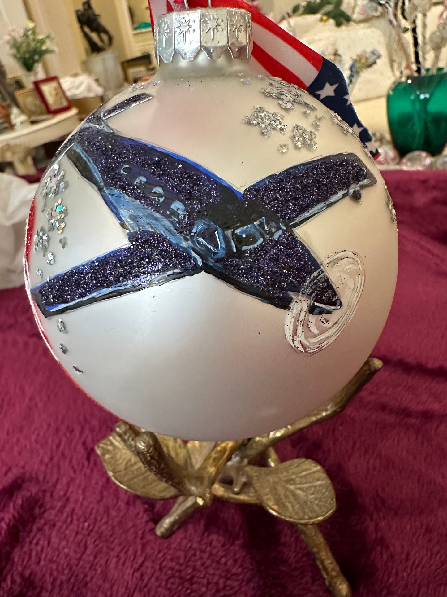 Hand Painted Glass Christmas 3" Balls Airplane Ball - SOLD