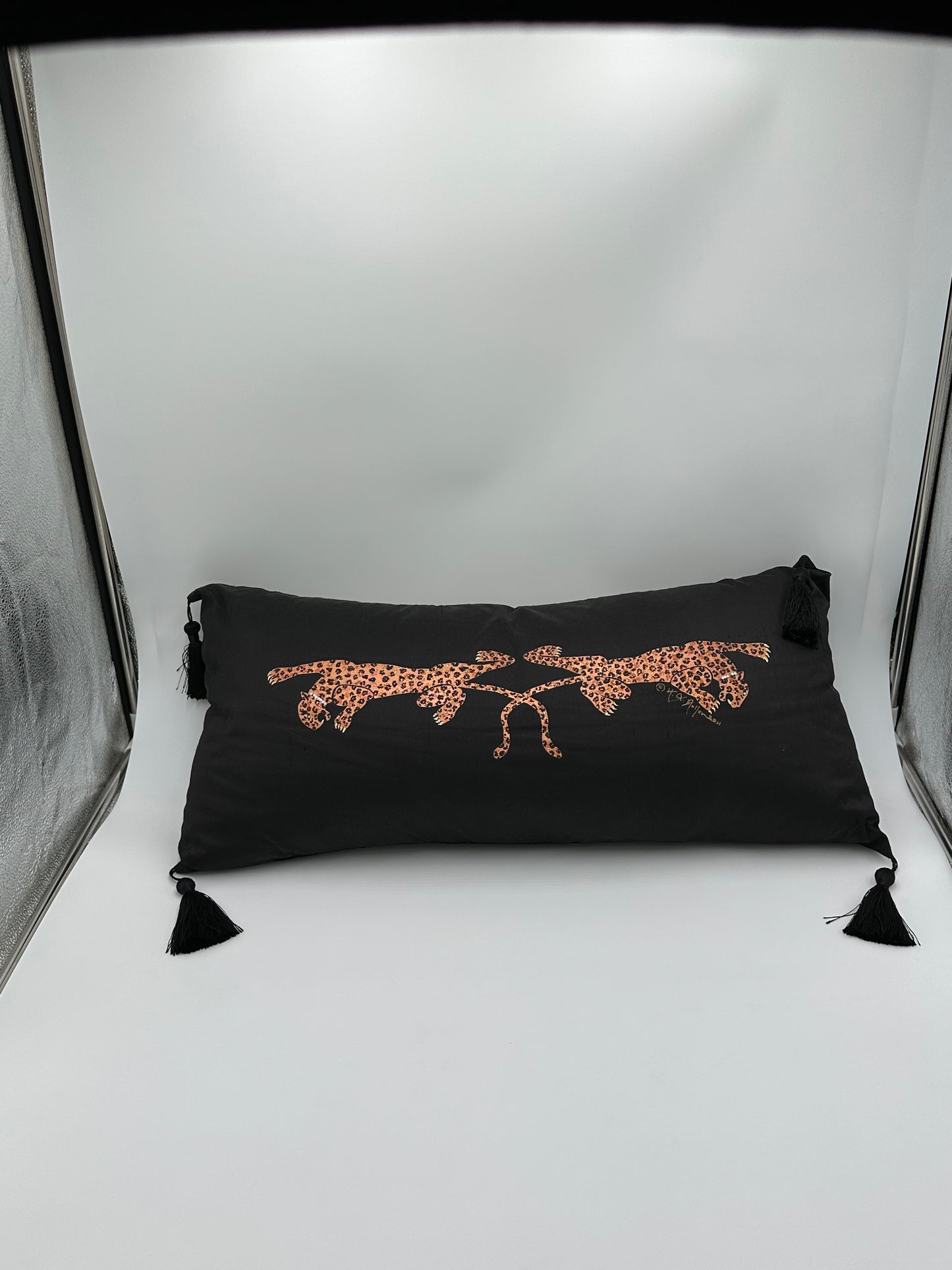 Hand Painted Black  Dupioni Silk Lumbar Pillow with Leopards