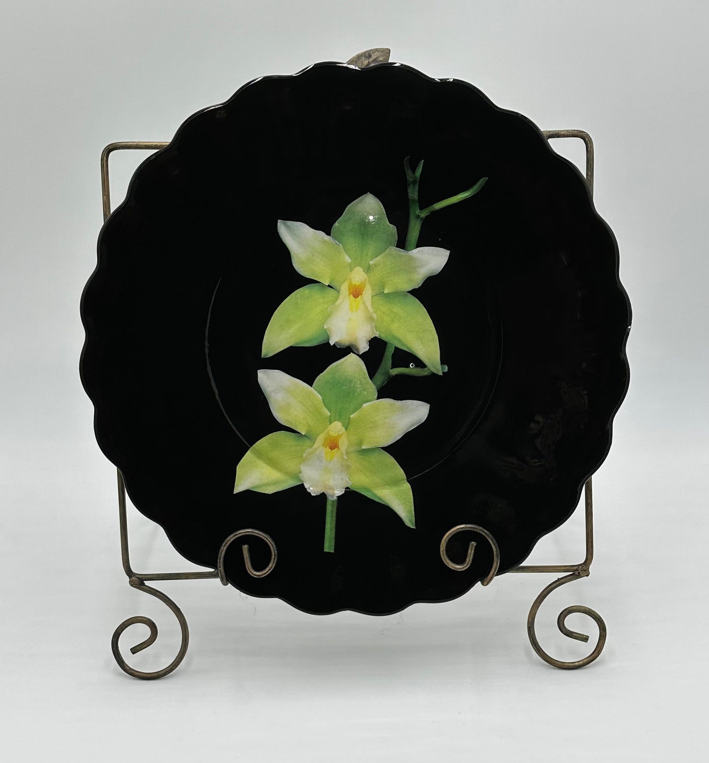 One-of-a-Kind Charger Plates in Black Lacquer with Various Orchids -  8 Plates in TOTAL                                "Splendor under Glass"