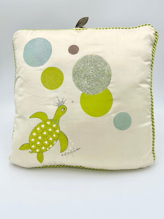 Hand Painted Ivory Dupioni Silk Pillow with "Turtle and Circles"