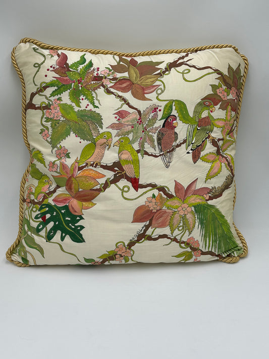 Hand Painted Dupioni Silk Pillow with Birds