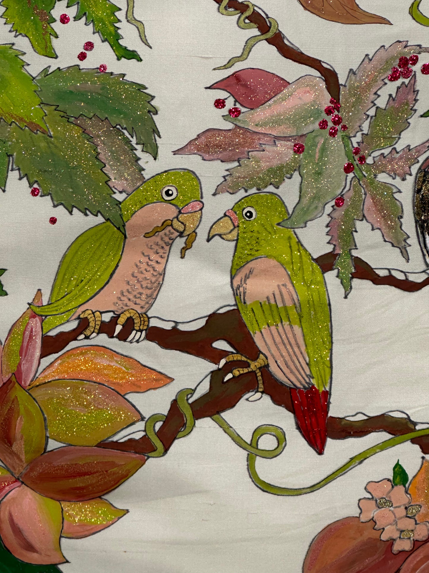 Hand Painted Dupioni Silk Pillow with Birds